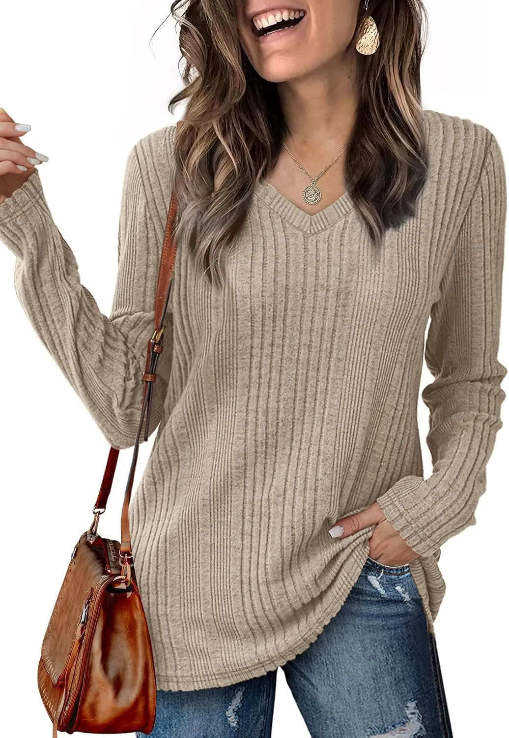 V-Neck Lightweight Pullover — Khaki