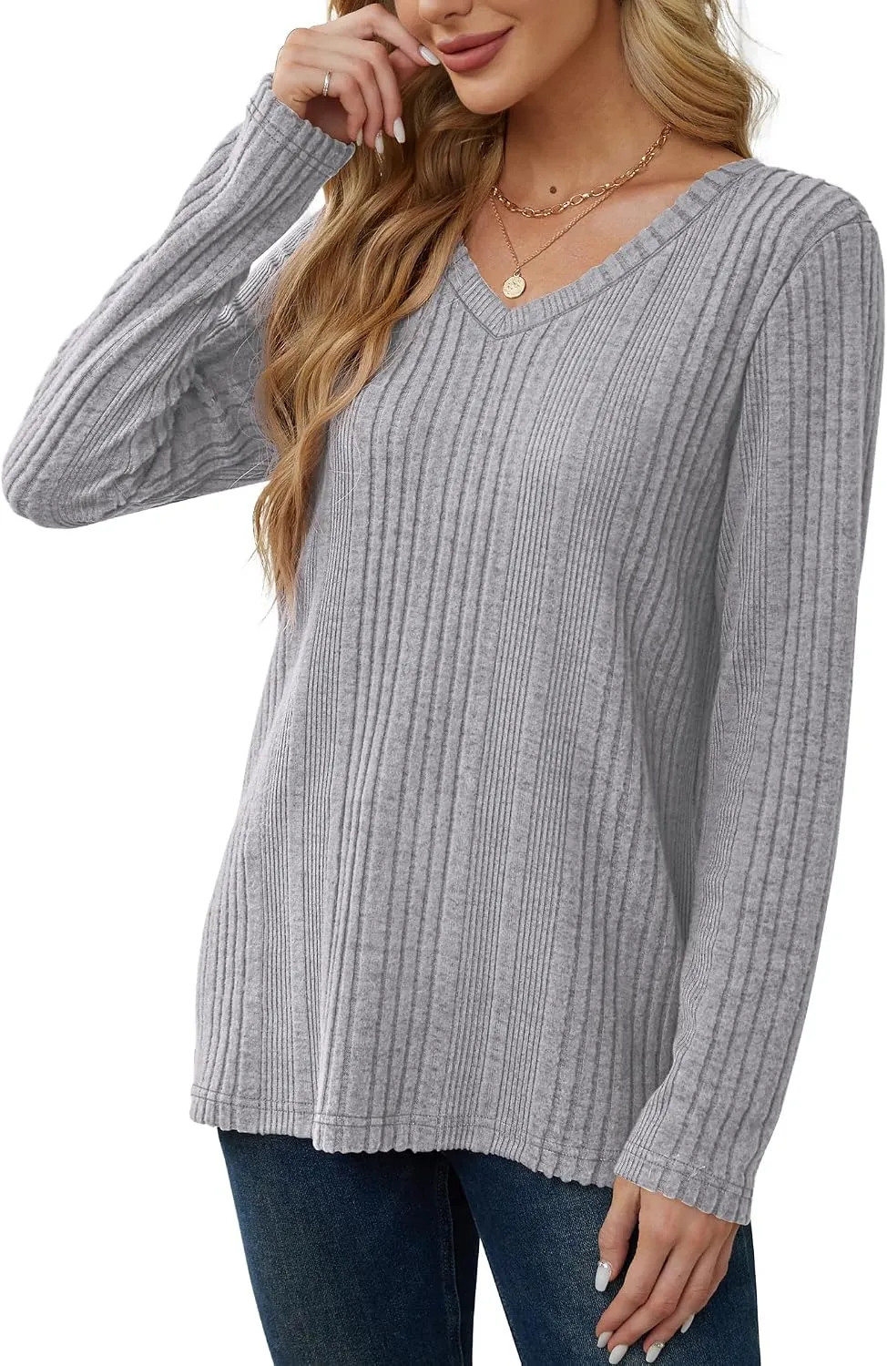 V-Neck Lightweight Pullover — Gray — view 5