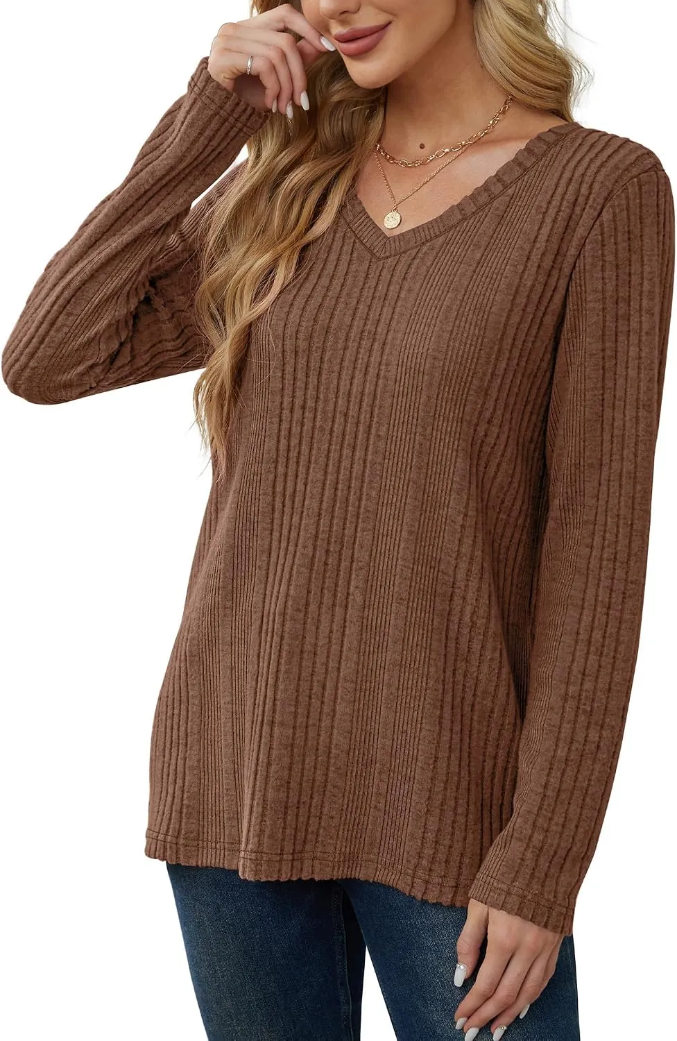 V-Neck Lightweight Pullover — Brown — view 4