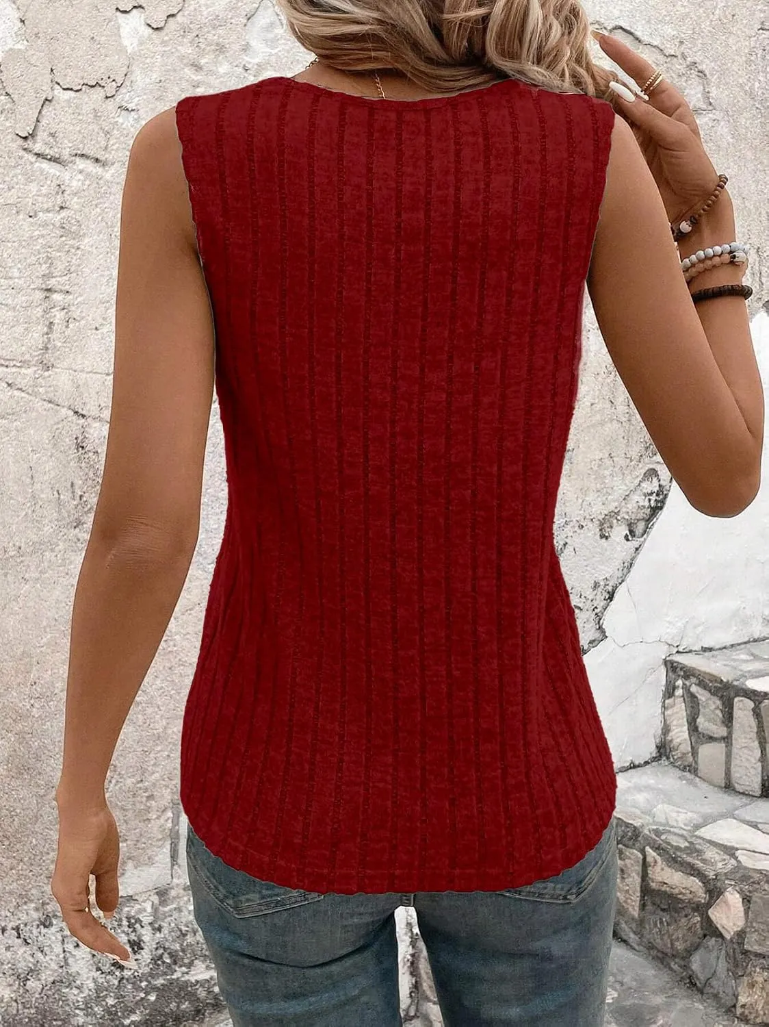 V-Neck Basic Tank — Jujube Red — view 3