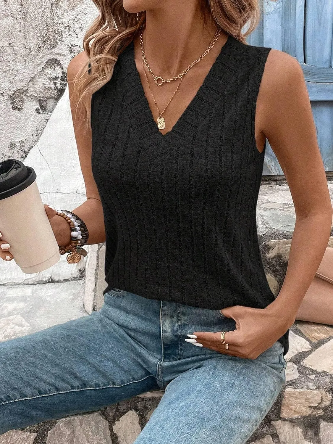 V-Neck Basic Tank — Black — view 2
