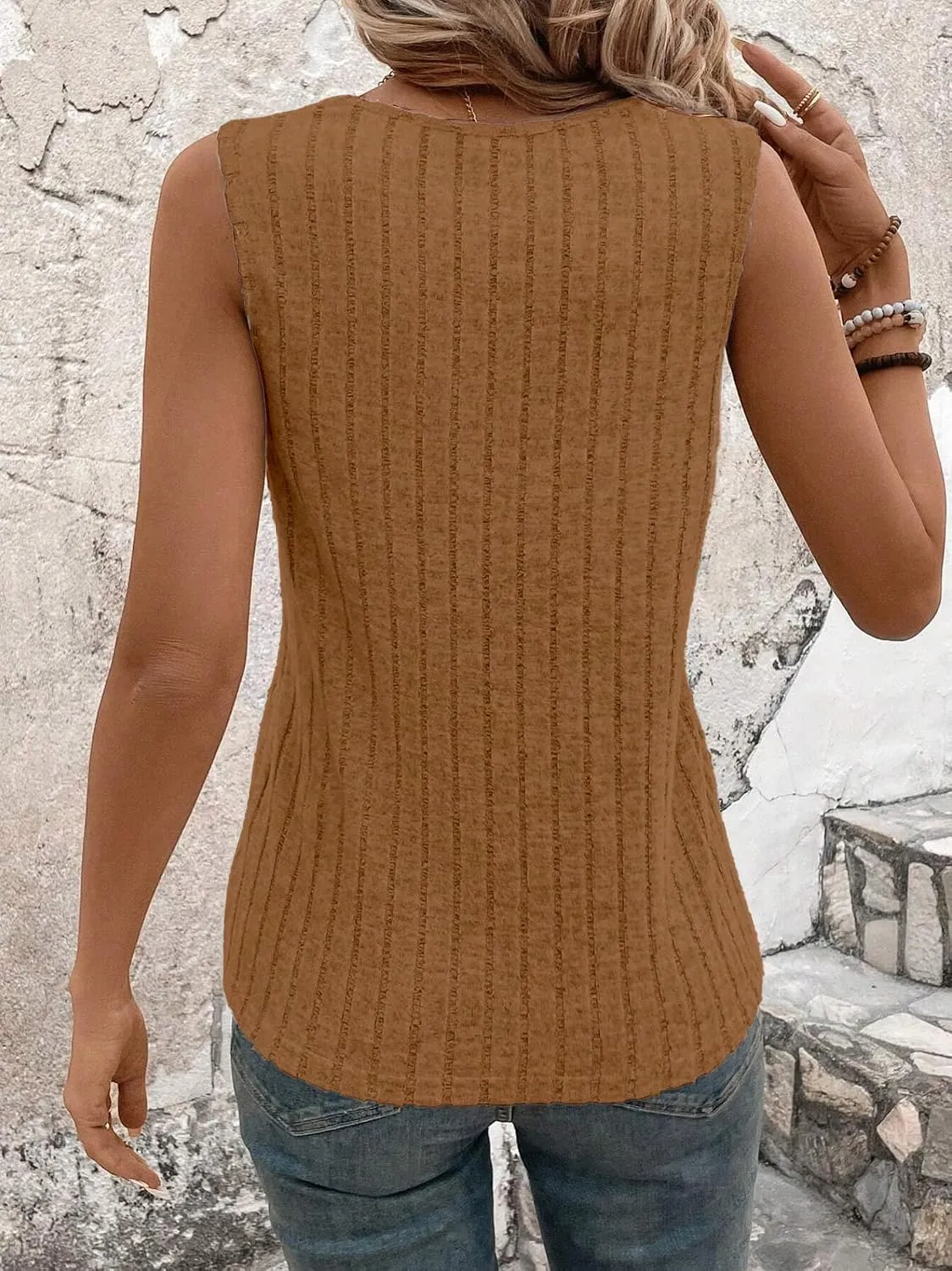 V-Neck Basic Tank — Mocha Mousse Brown — view 3