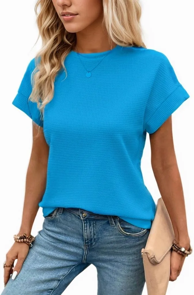 Waffle Knit Crew Neck Tee — Kingfisher Blue