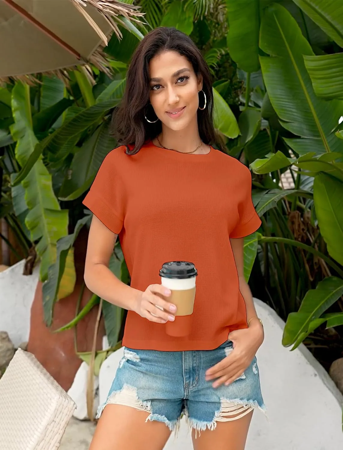 Waffle Knit Crew Neck Tee — Caramel — view 2