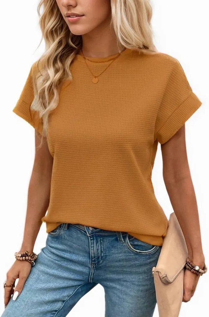 Waffle Knit Crew Neck Tee — Mocha Mousse Brown