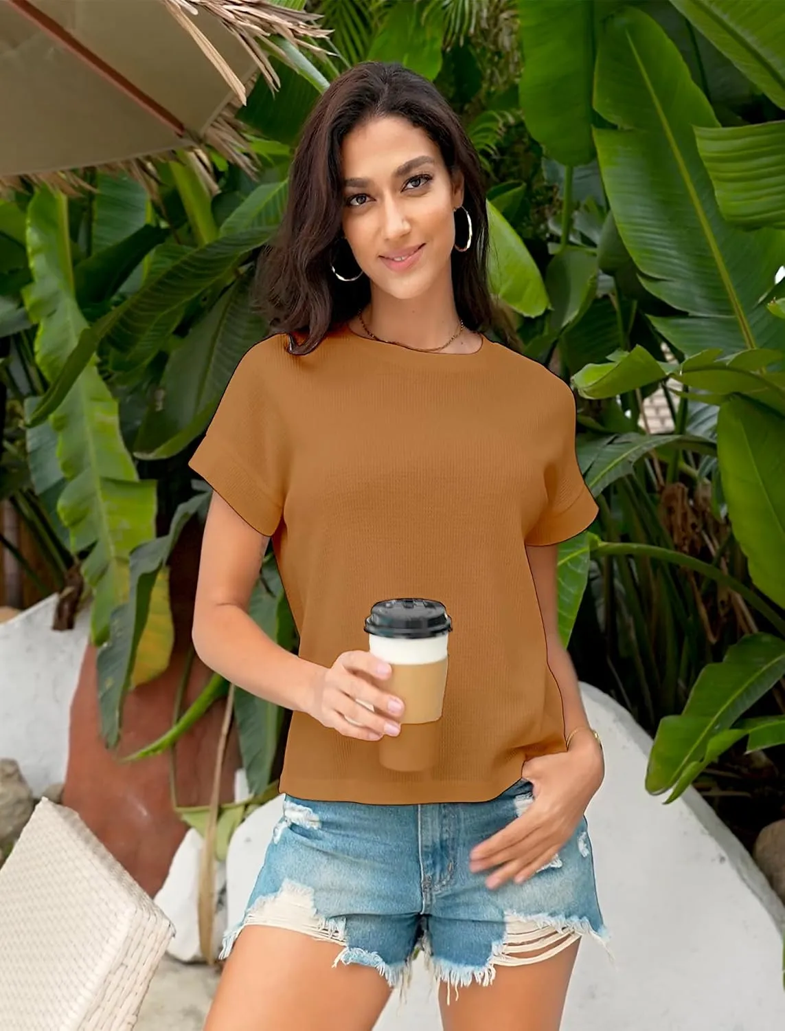 Waffle Knit Crew Neck Tee — Mocha Mousse Brown — view 2