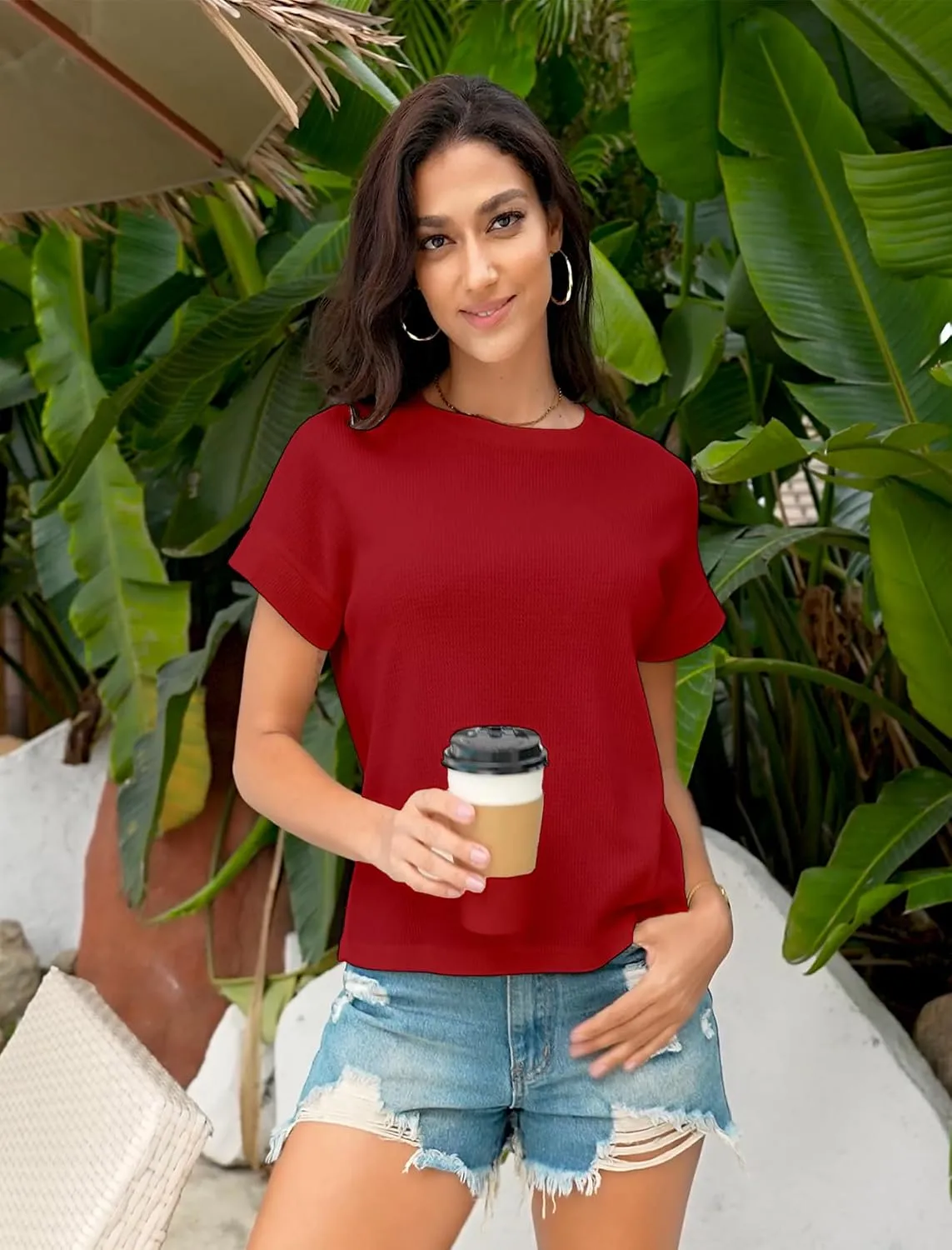Waffle Knit Crew Neck Tee — Jujube Red — view 2
