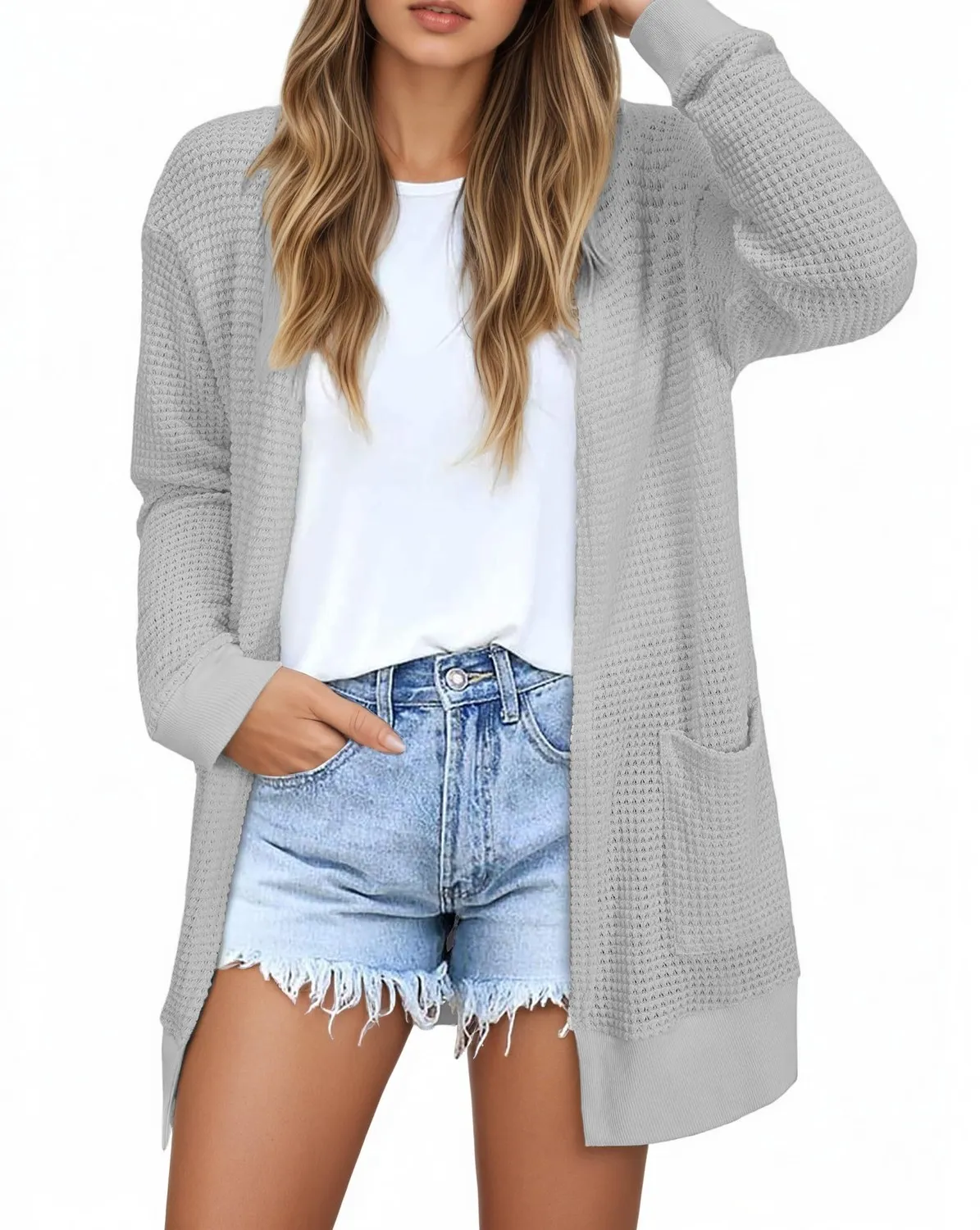 Waffle Knit Longline Cardigan — Grey
