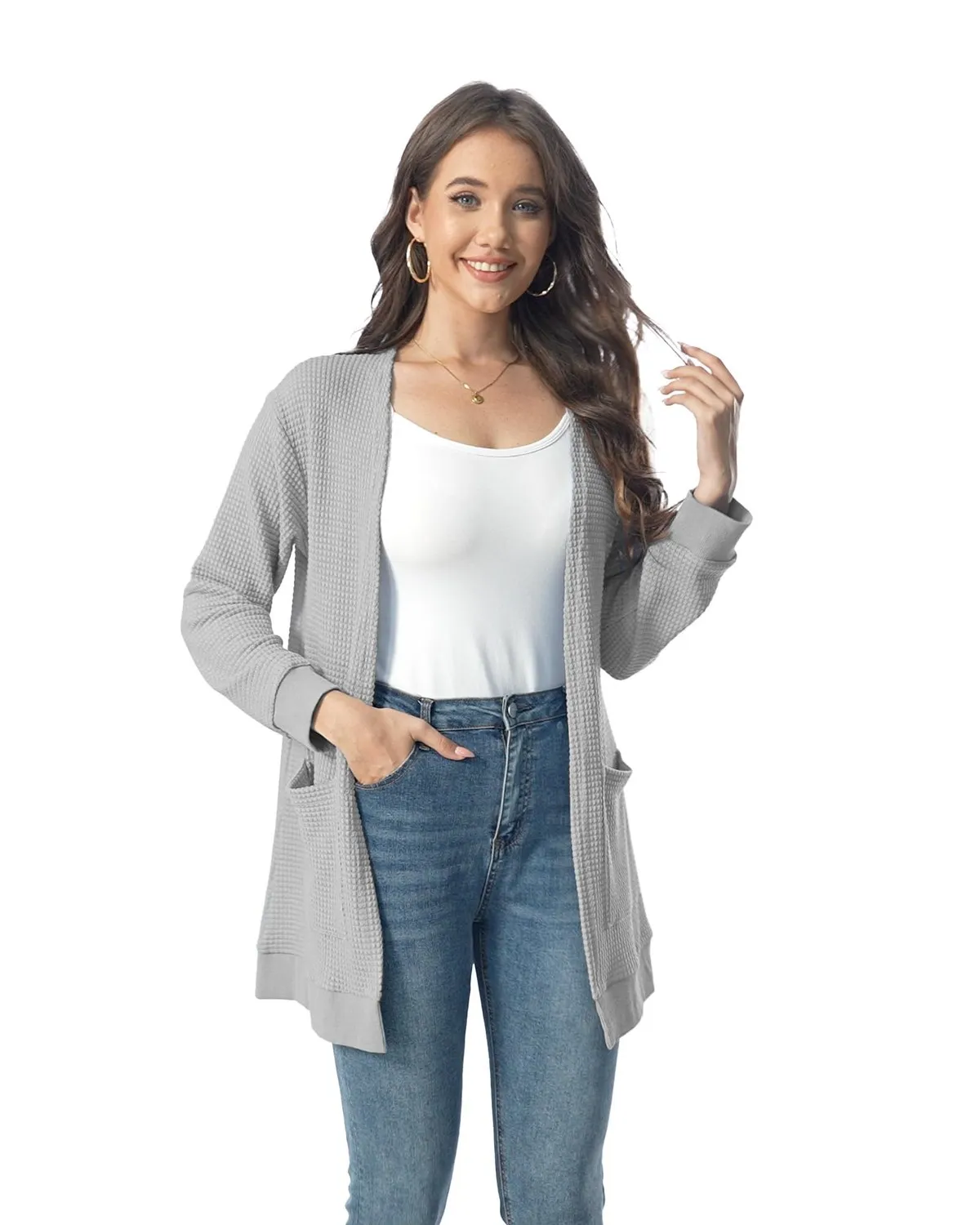Waffle Knit Longline Cardigan — Grey — view 2