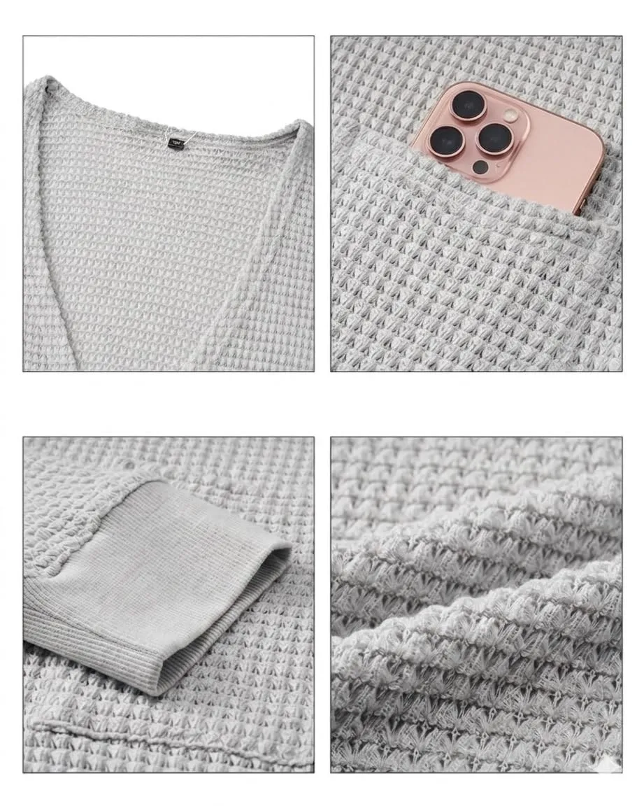 Waffle Knit Longline Cardigan — Grey — view 4