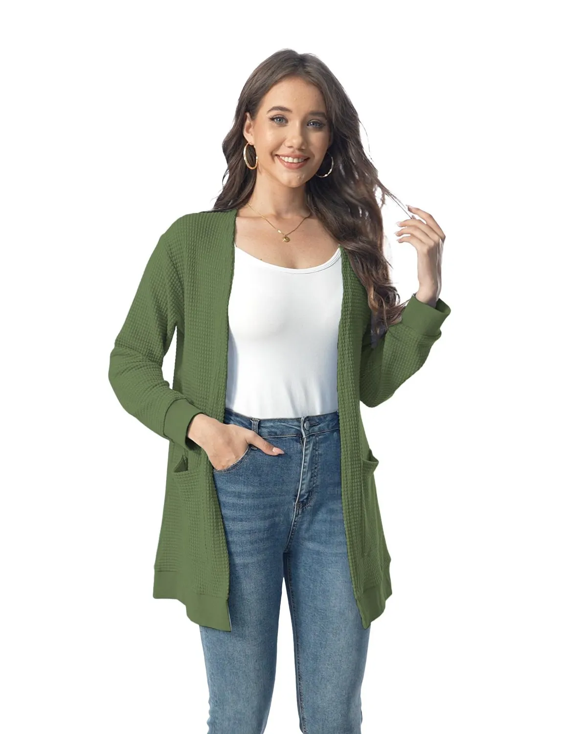 Waffle Knit Longline Cardigan — Army Green — view 2