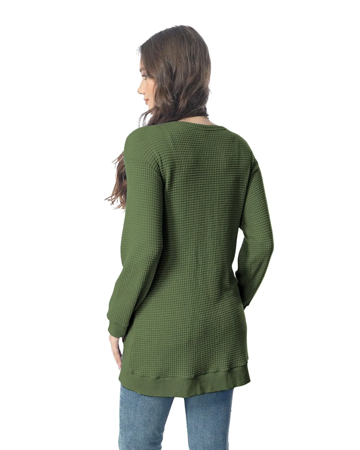 Waffle Knit Longline Cardigan — Army Green — view 3
