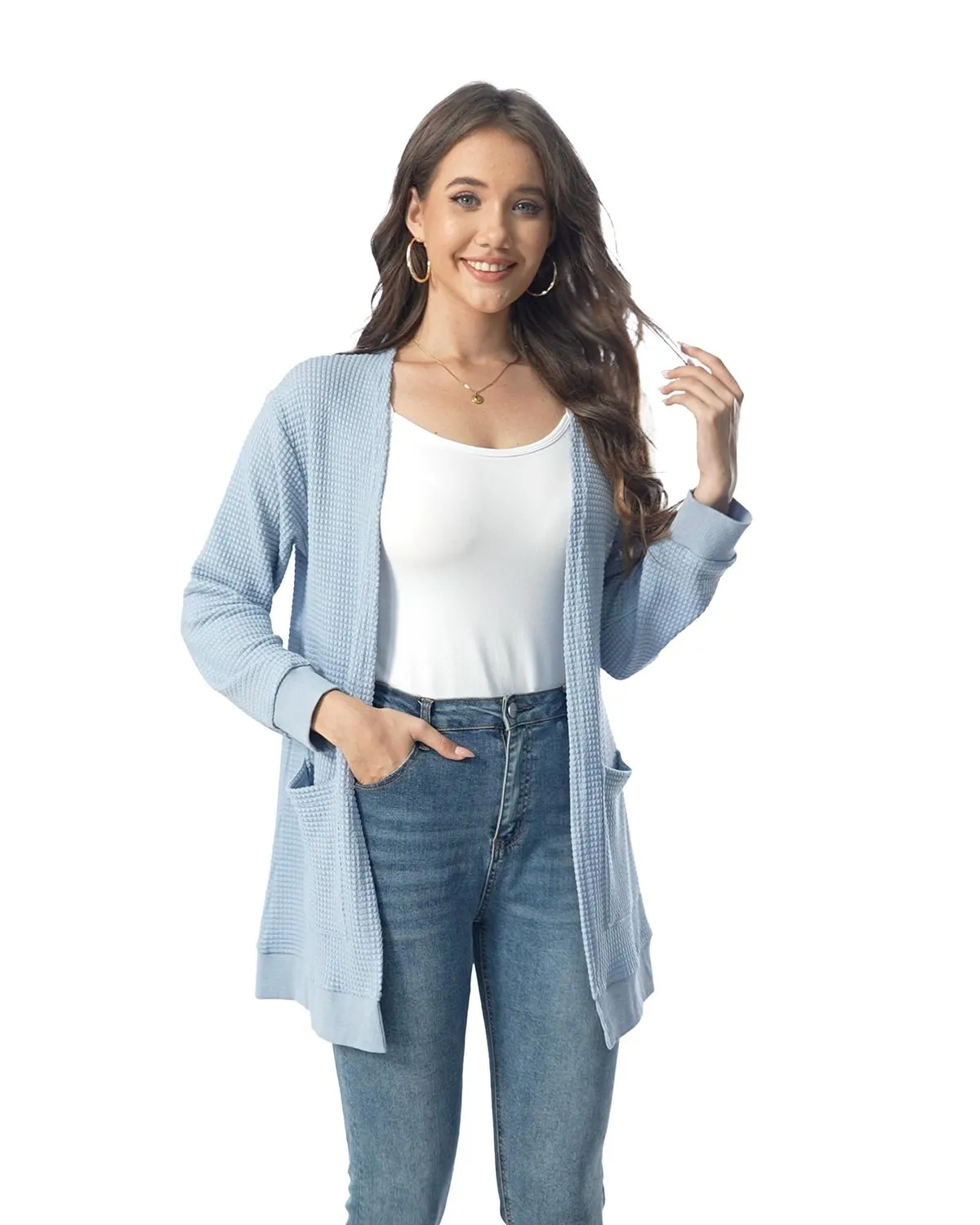 Waffle Knit Longline Cardigan — Light Blue — view 2