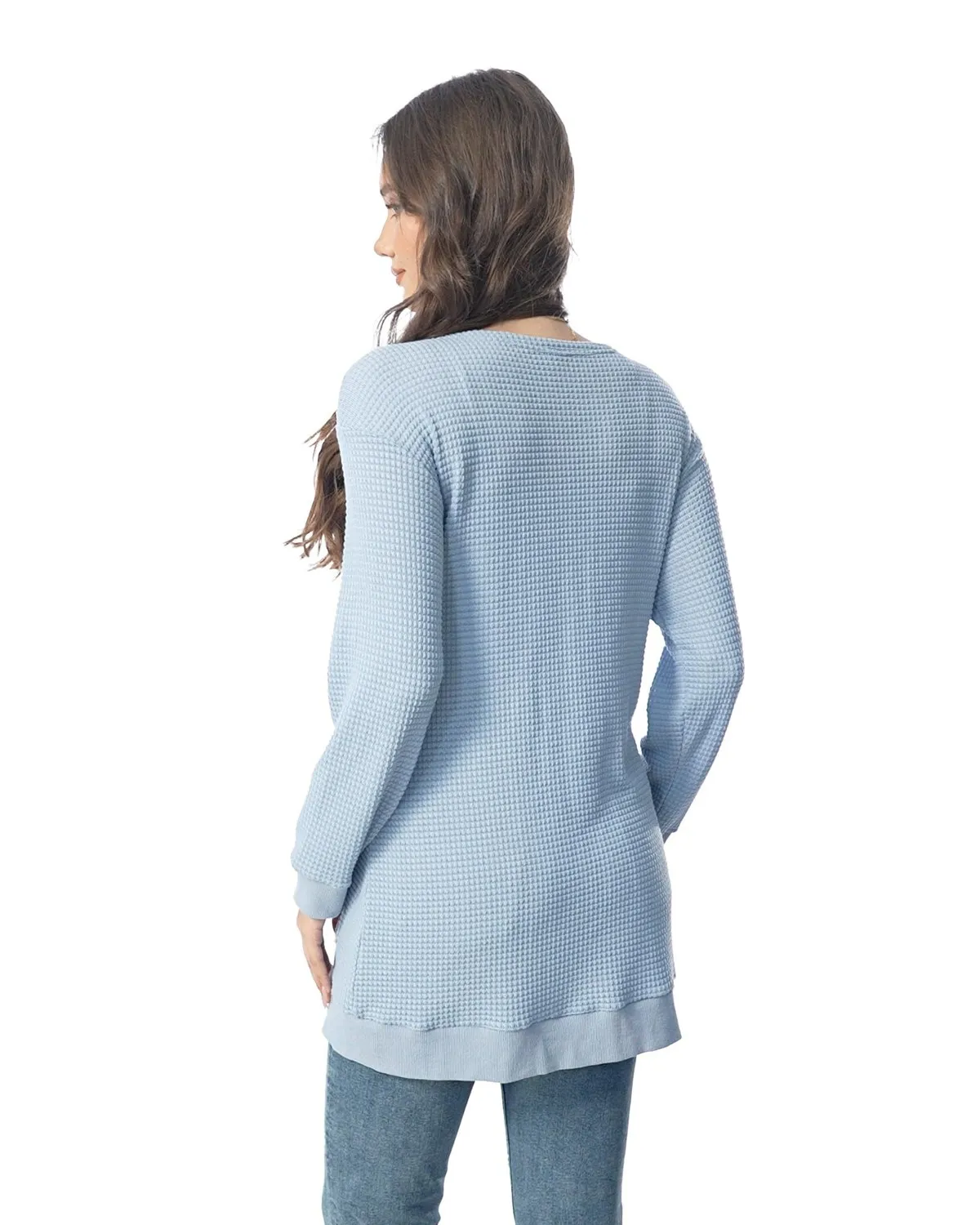 Waffle Knit Longline Cardigan — Light Blue — view 3