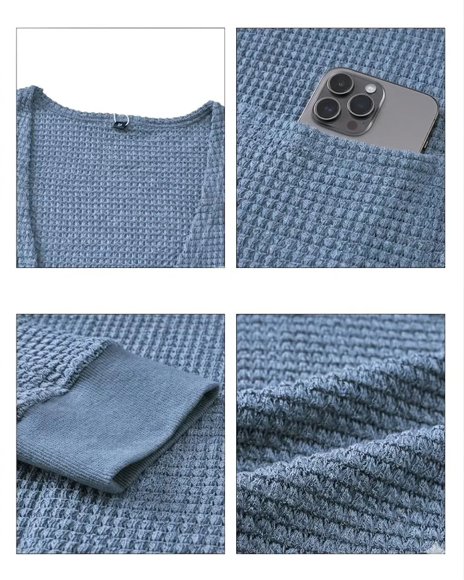 Waffle Knit Longline Cardigan — Light Blue — view 4