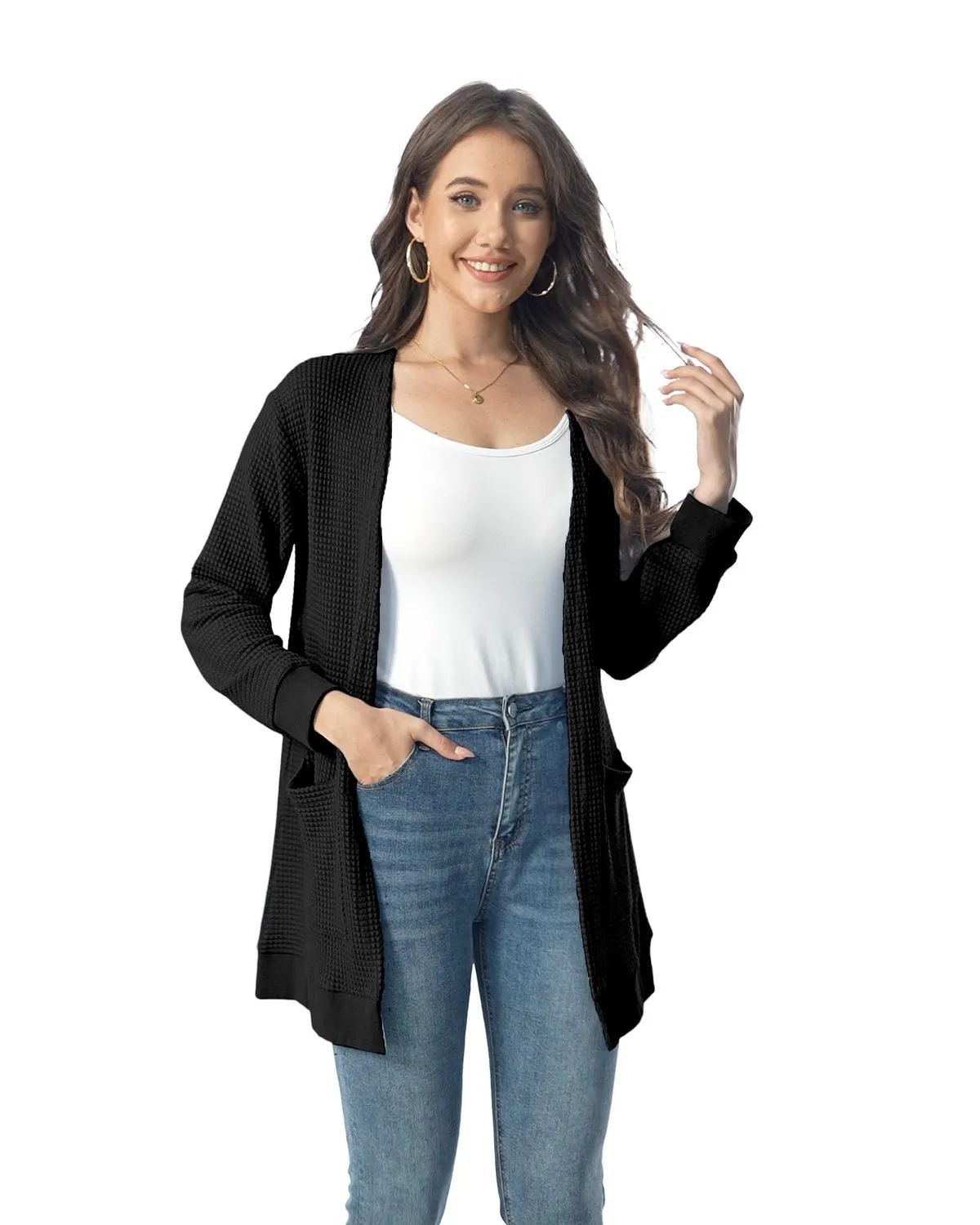 Waffle Knit Longline Cardigan — Black — view 2