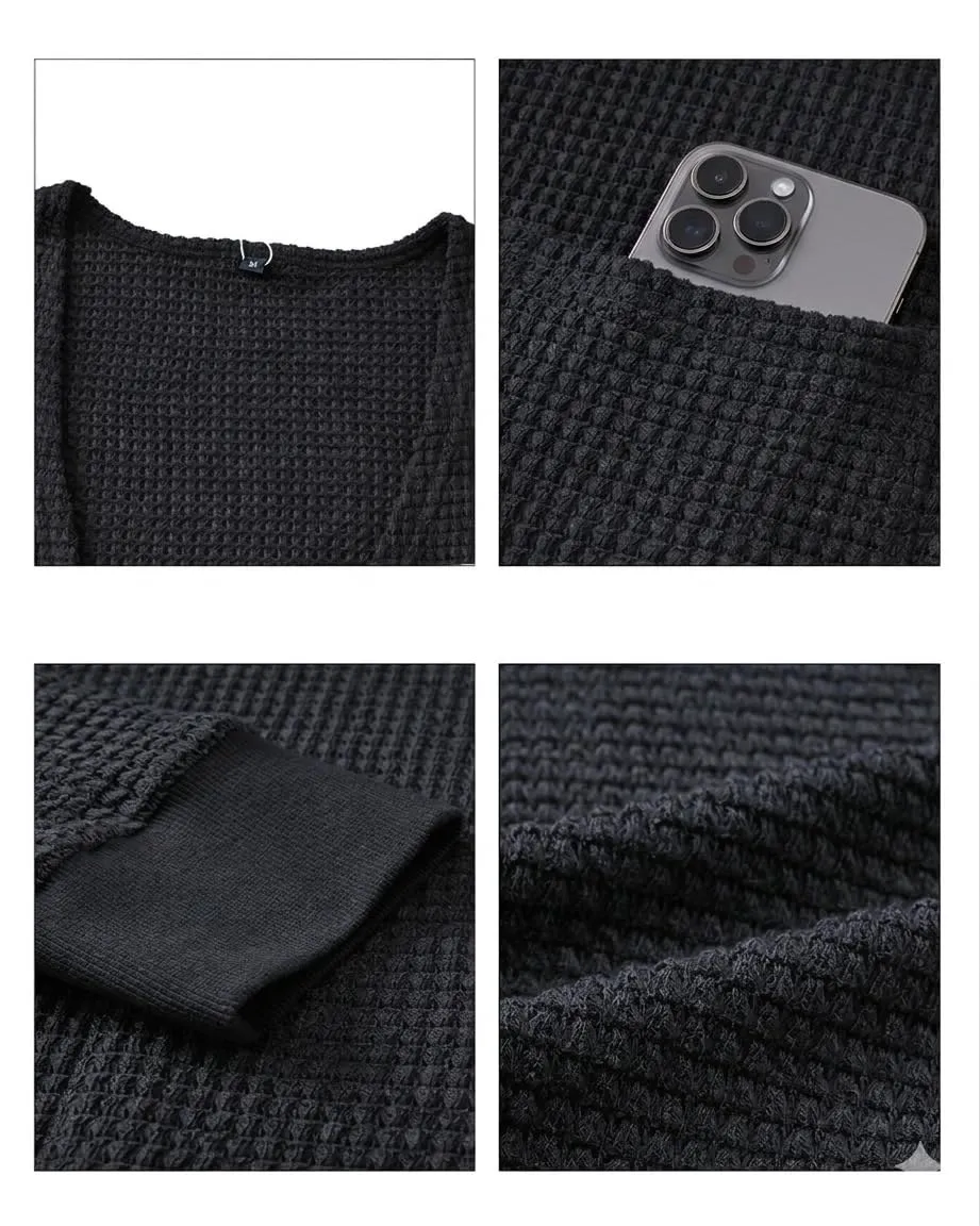 Waffle Knit Longline Cardigan — Black — view 4