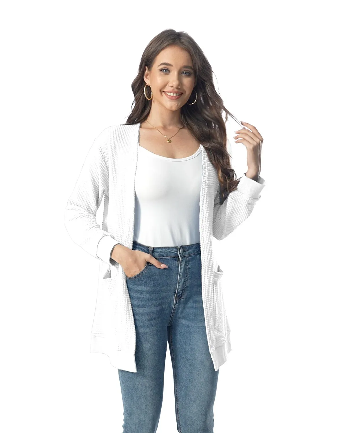 Waffle Knit Longline Cardigan — White — view 2