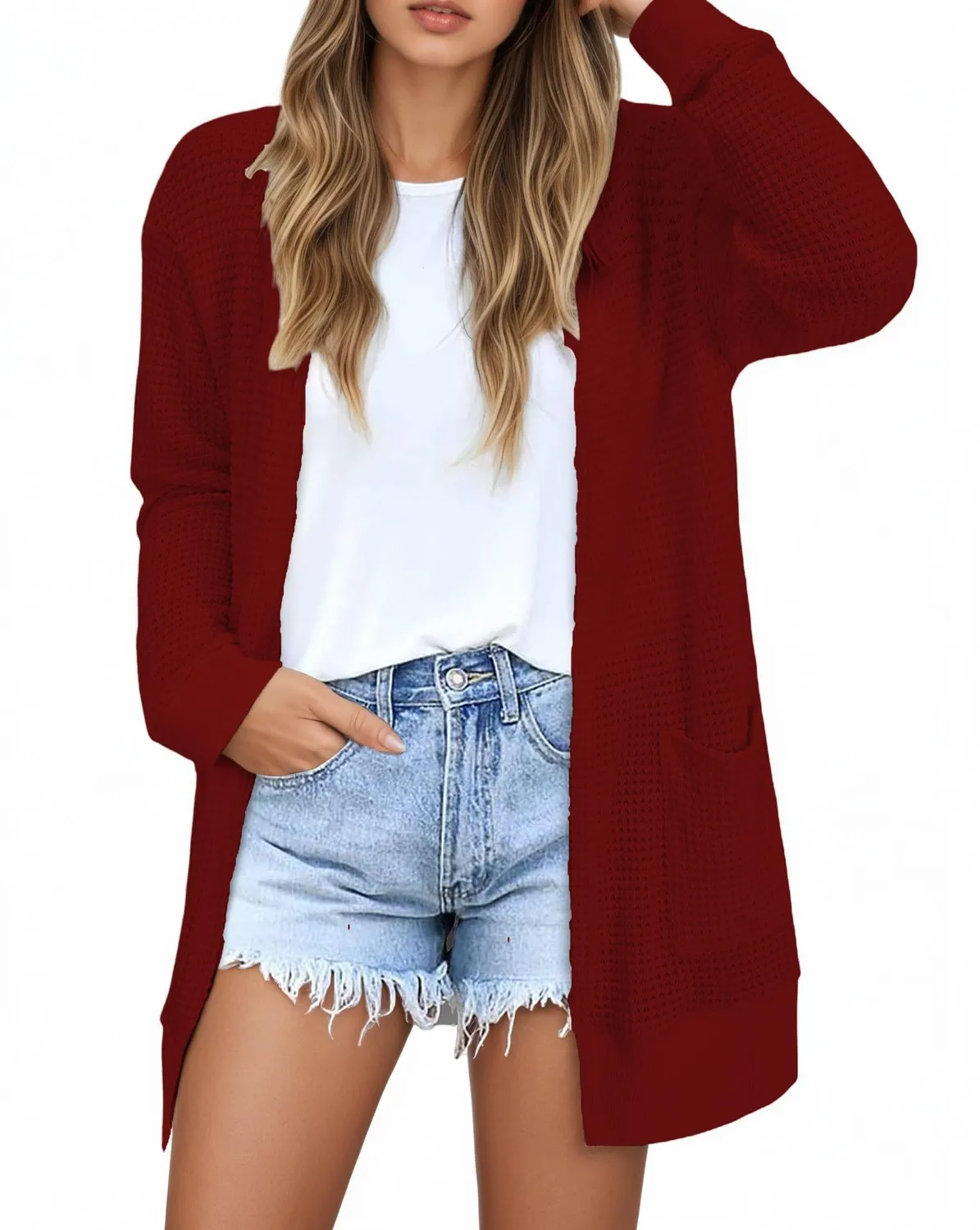 Waffle Knit Longline Cardigan — Jujube Red