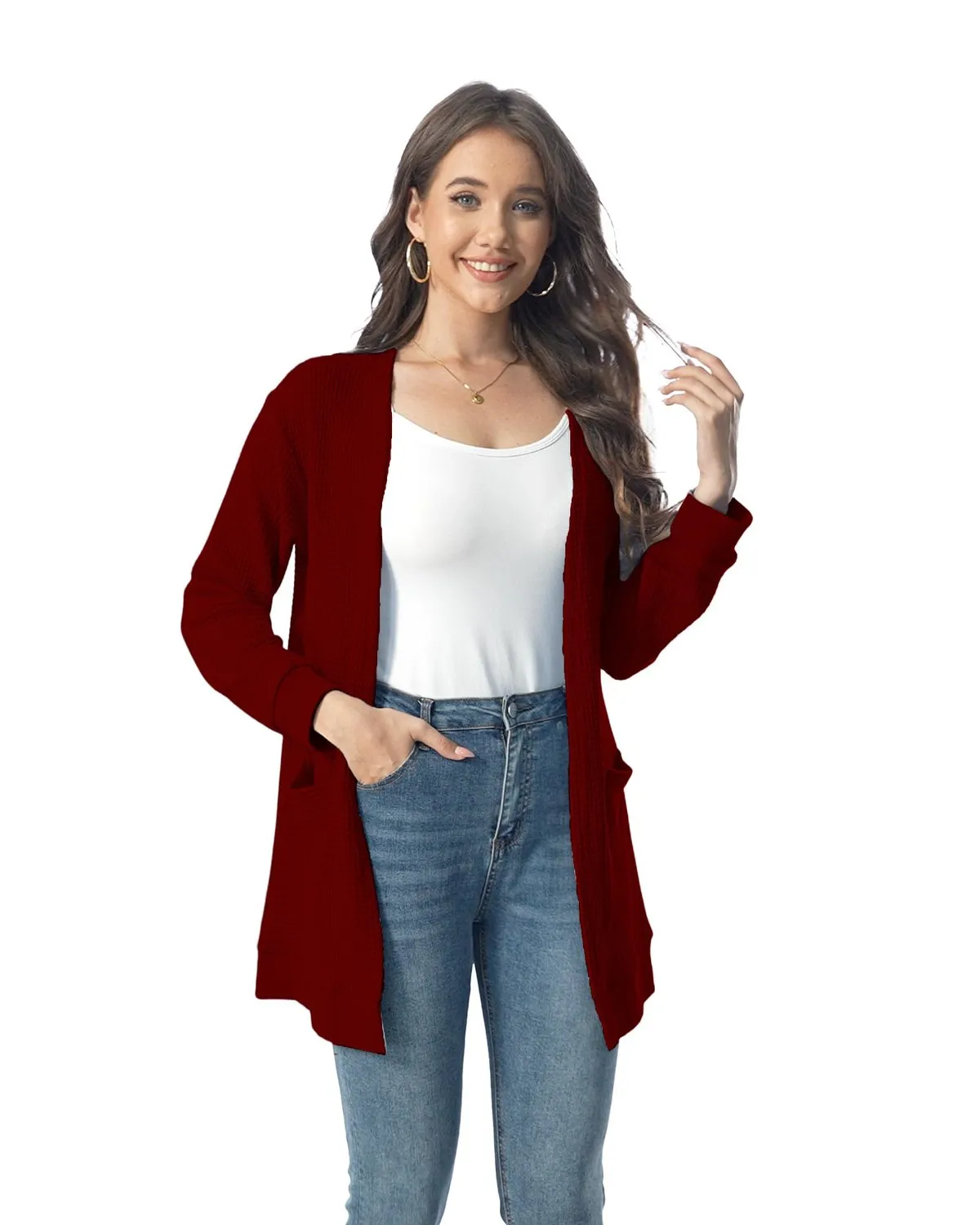 Waffle Knit Longline Cardigan — Jujube Red — view 2