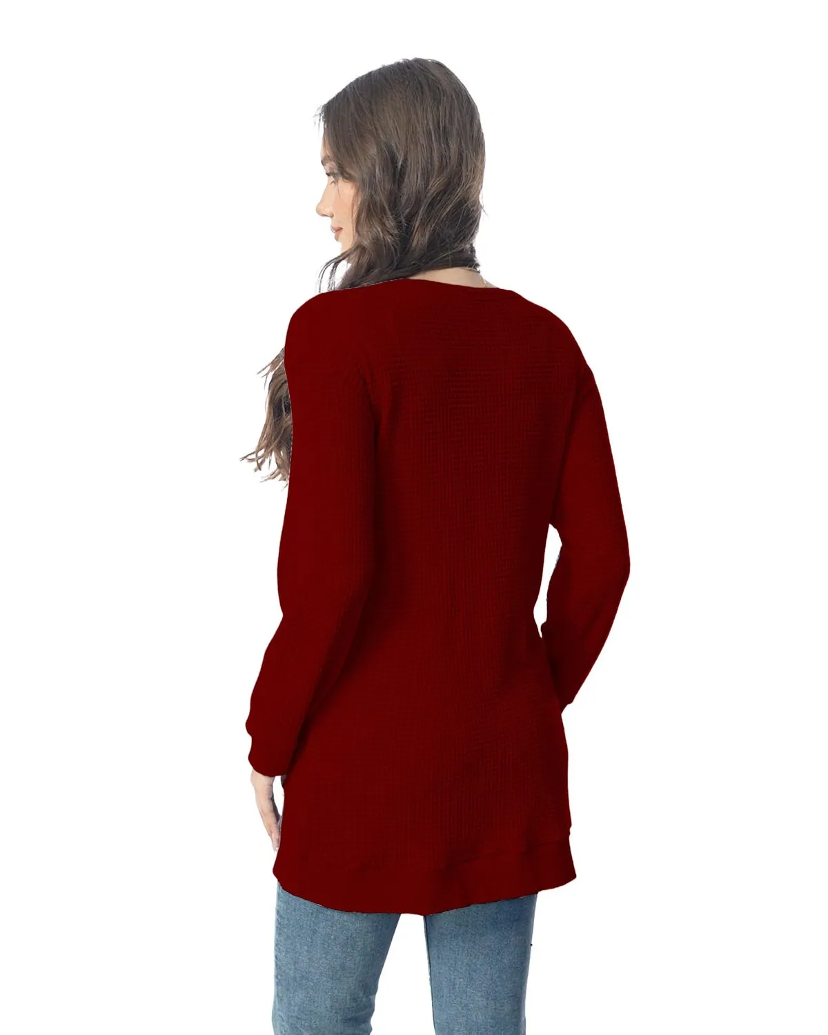 Waffle Knit Longline Cardigan — Jujube Red — view 3