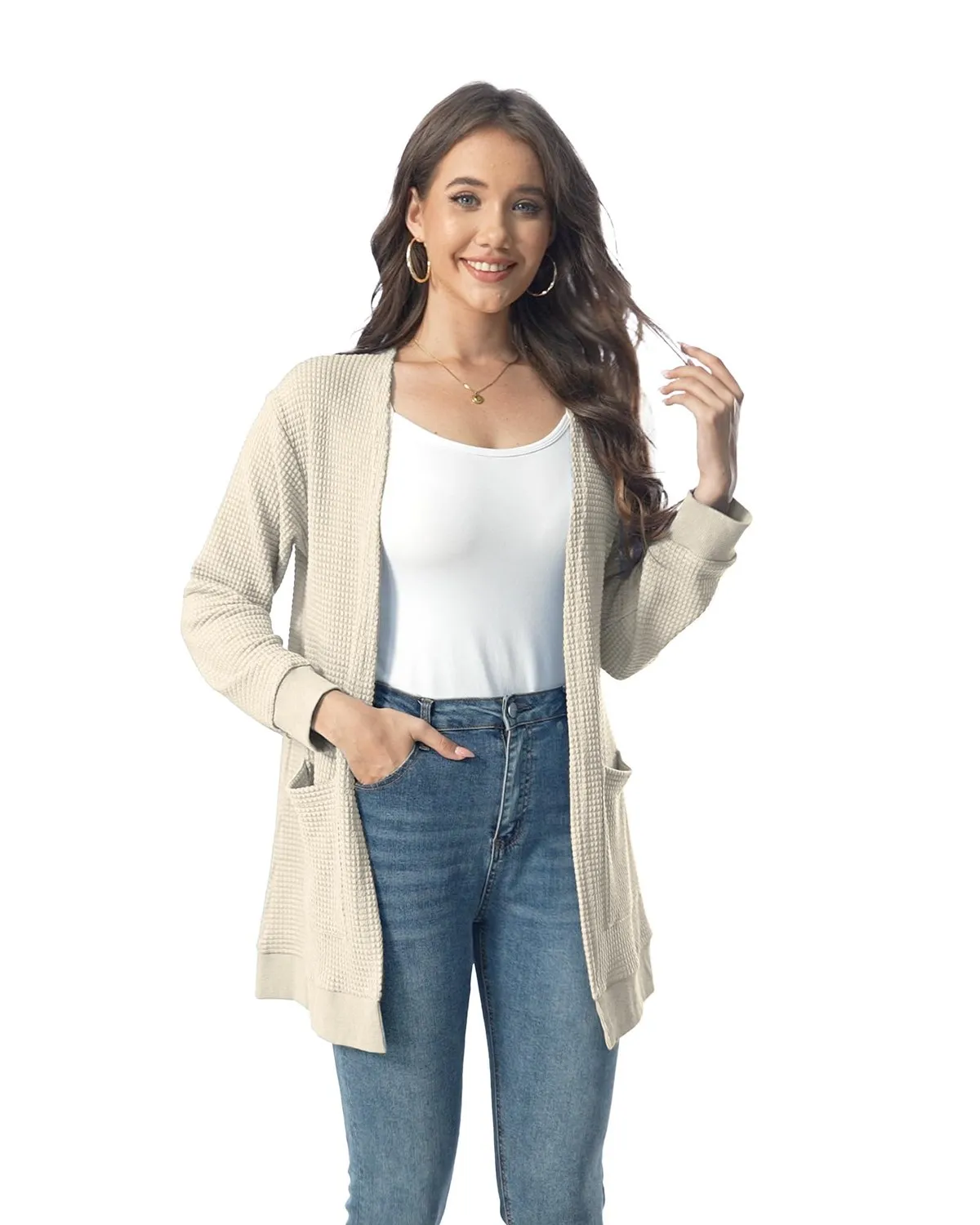 Waffle Knit Longline Cardigan — Apricot — view 2