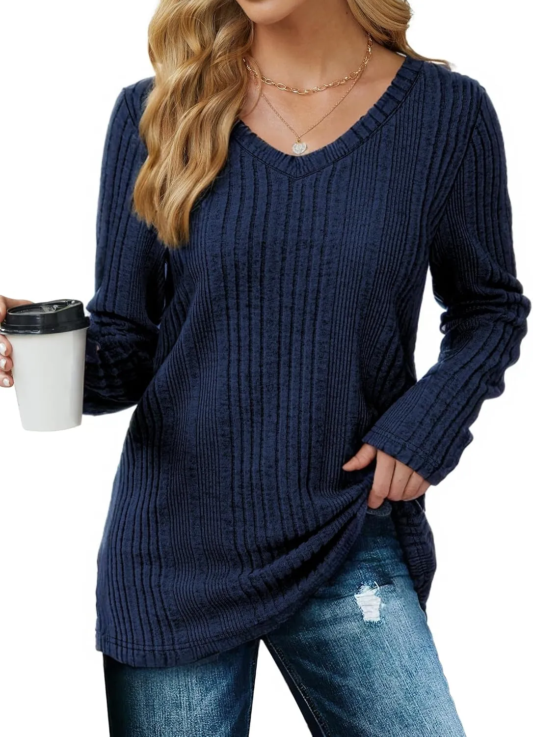 V-Neck Lightweight Pullover — Navy — view 5