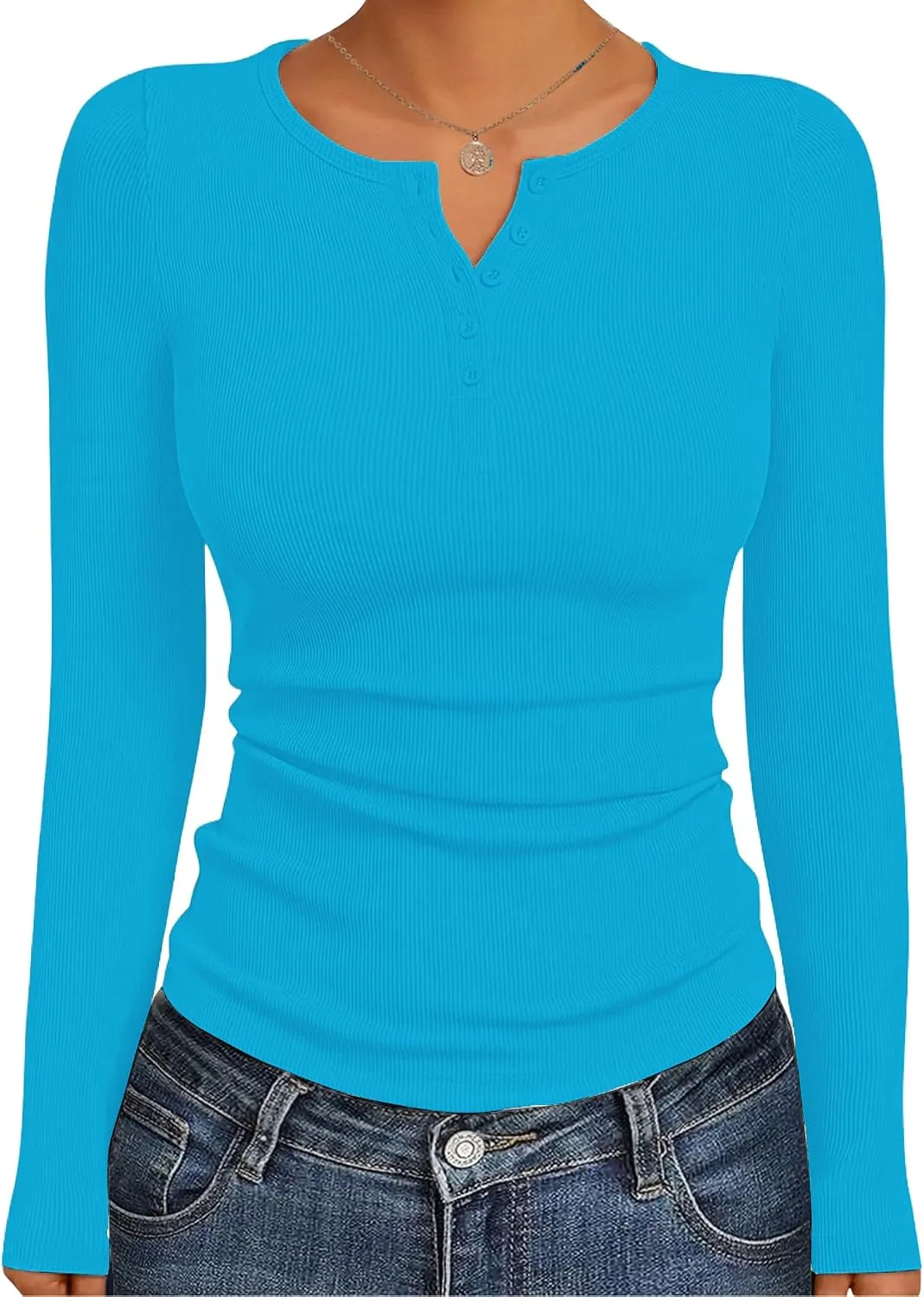 Ribbed Henley Long Sleeve — Sky Blue