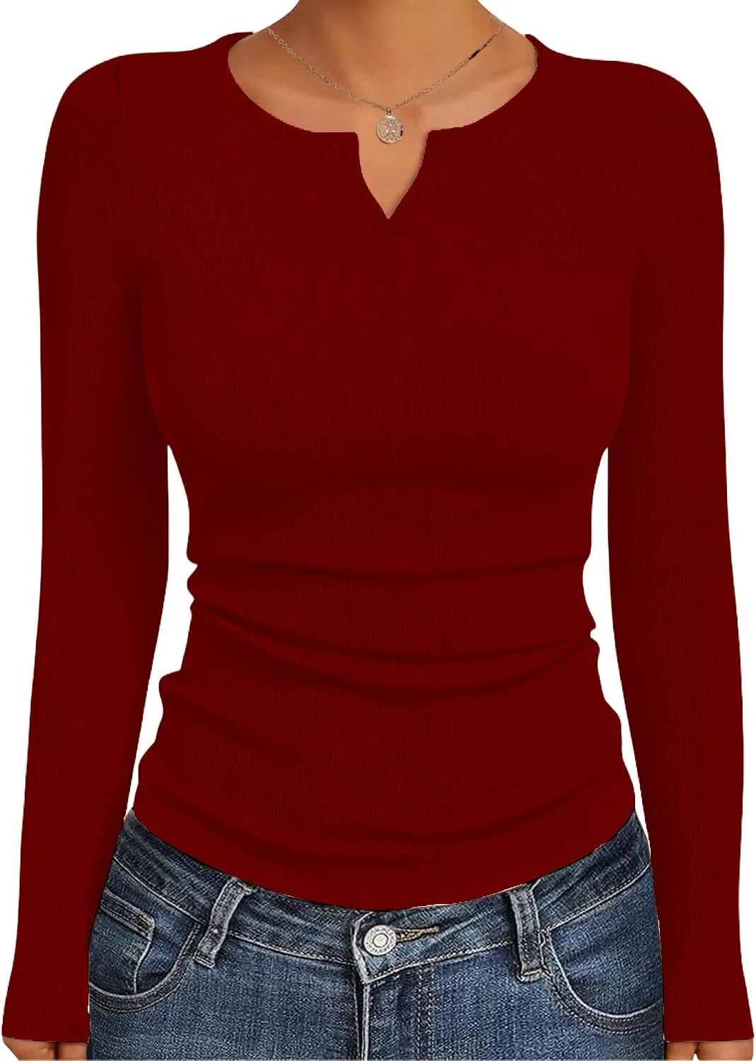 Ribbed Henley Long Sleeve — Jujube Red