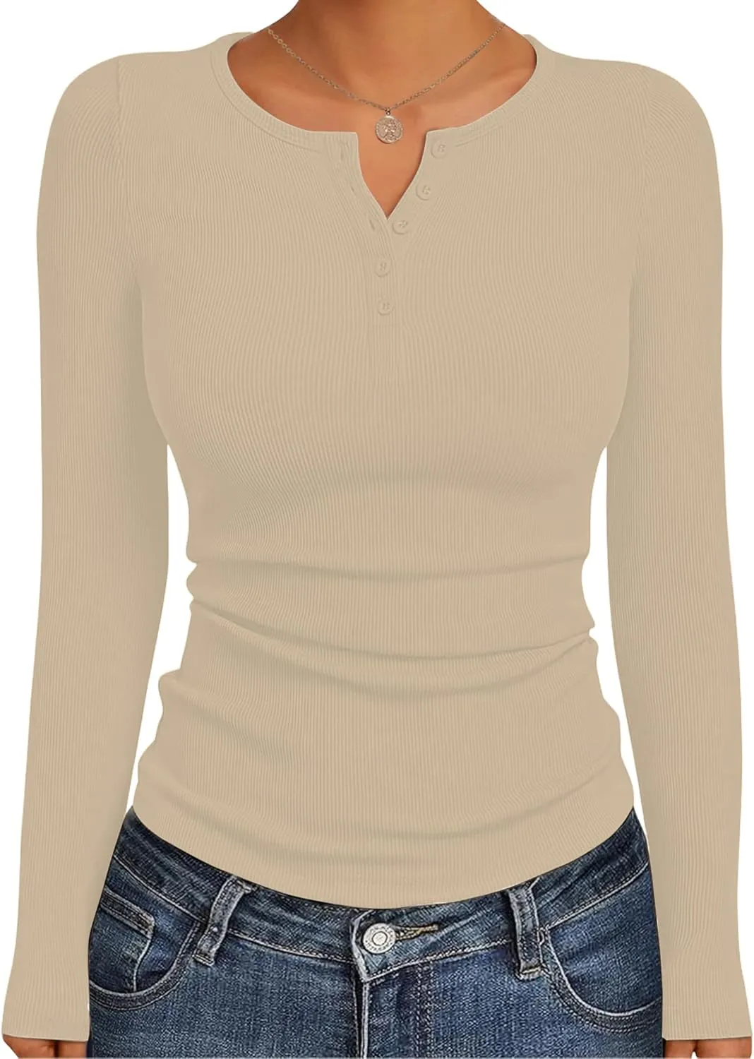 Ribbed Henley Long Sleeve — Apricot