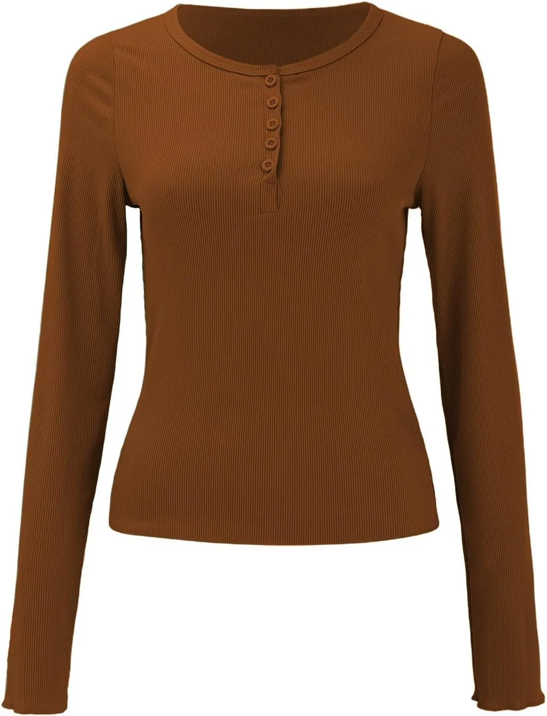 Ribbed Henley Long Sleeve — Brown — view 3