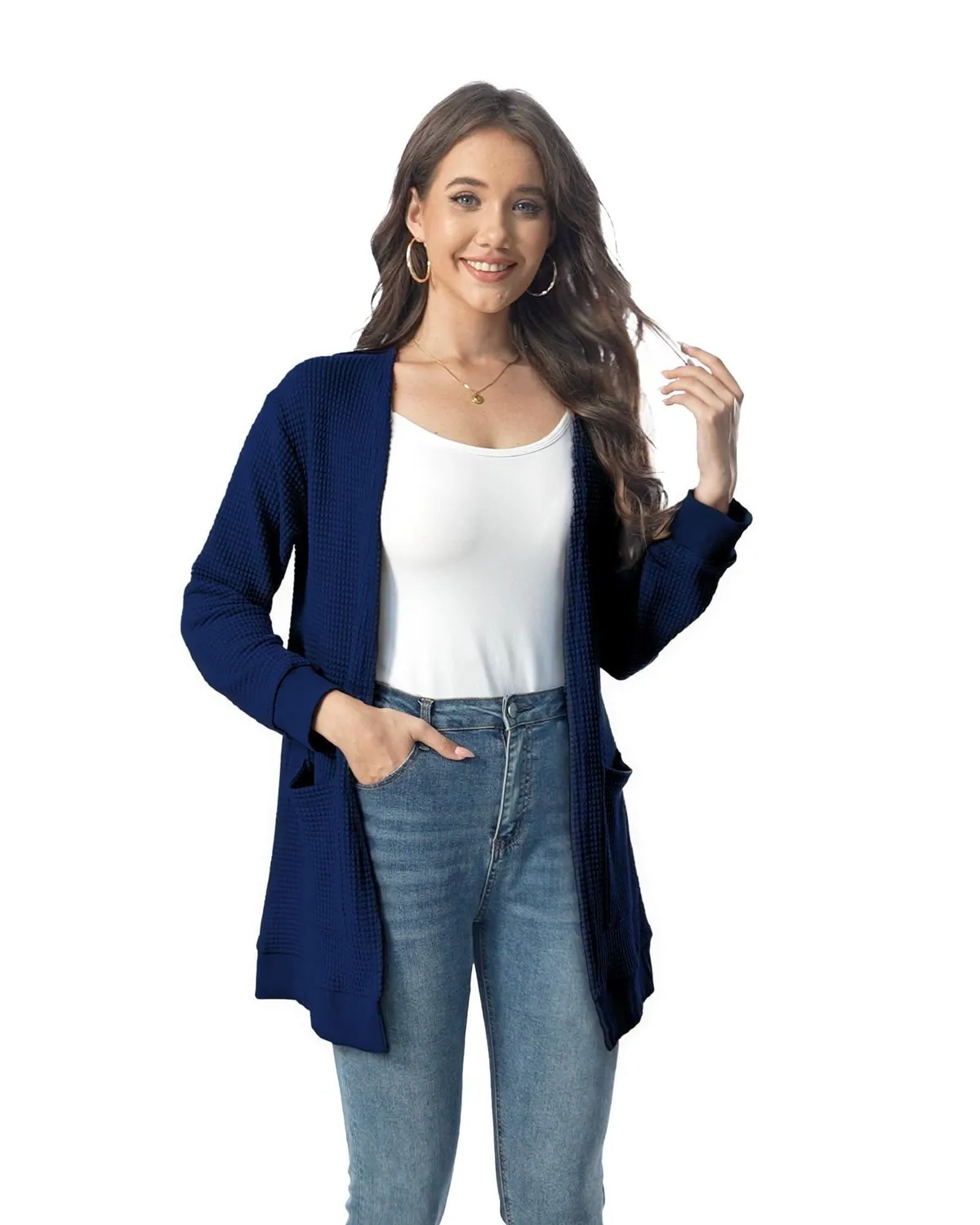 Waffle Knit Longline Cardigan — Navy — view 2