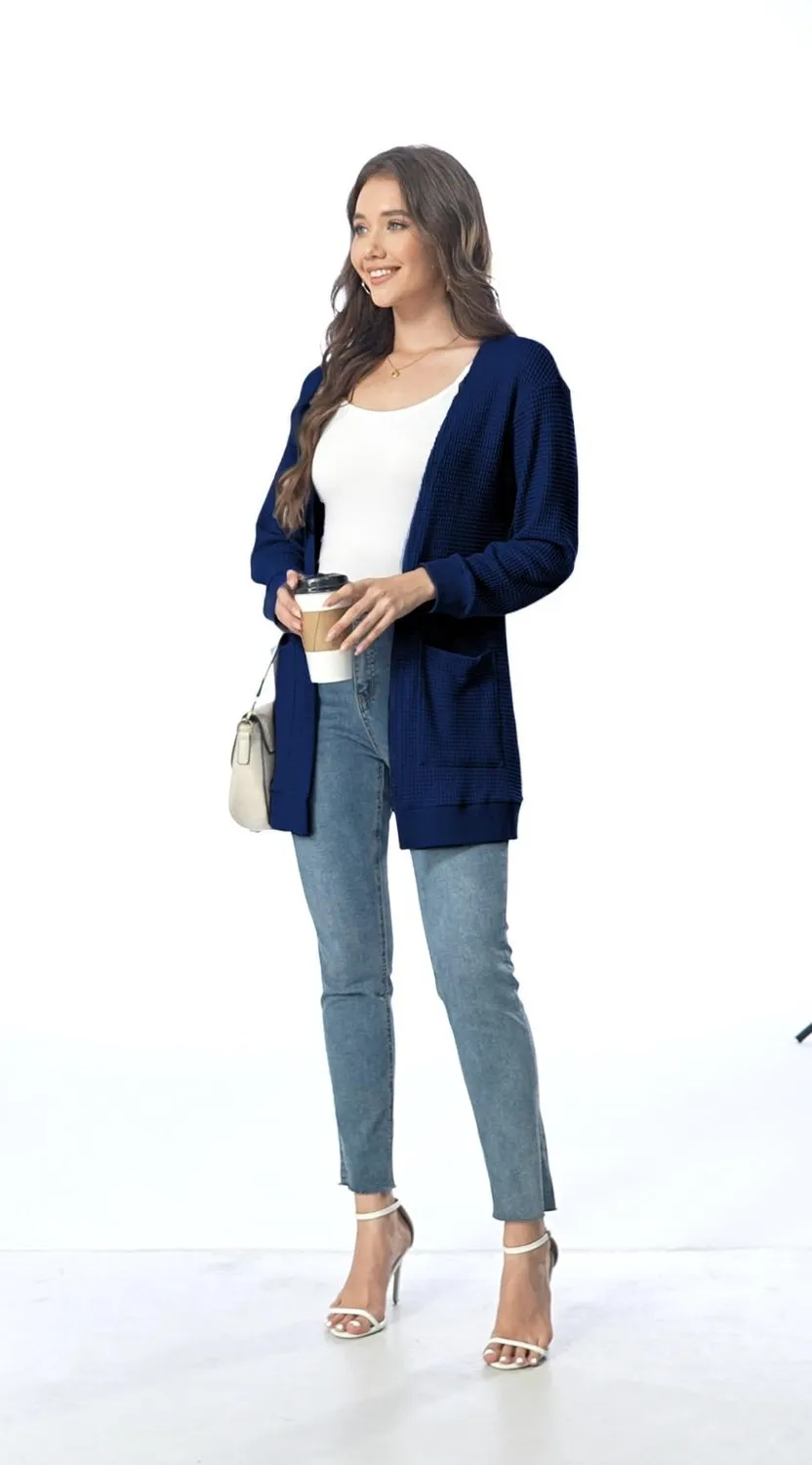 Waffle Knit Longline Cardigan — Navy — view 3