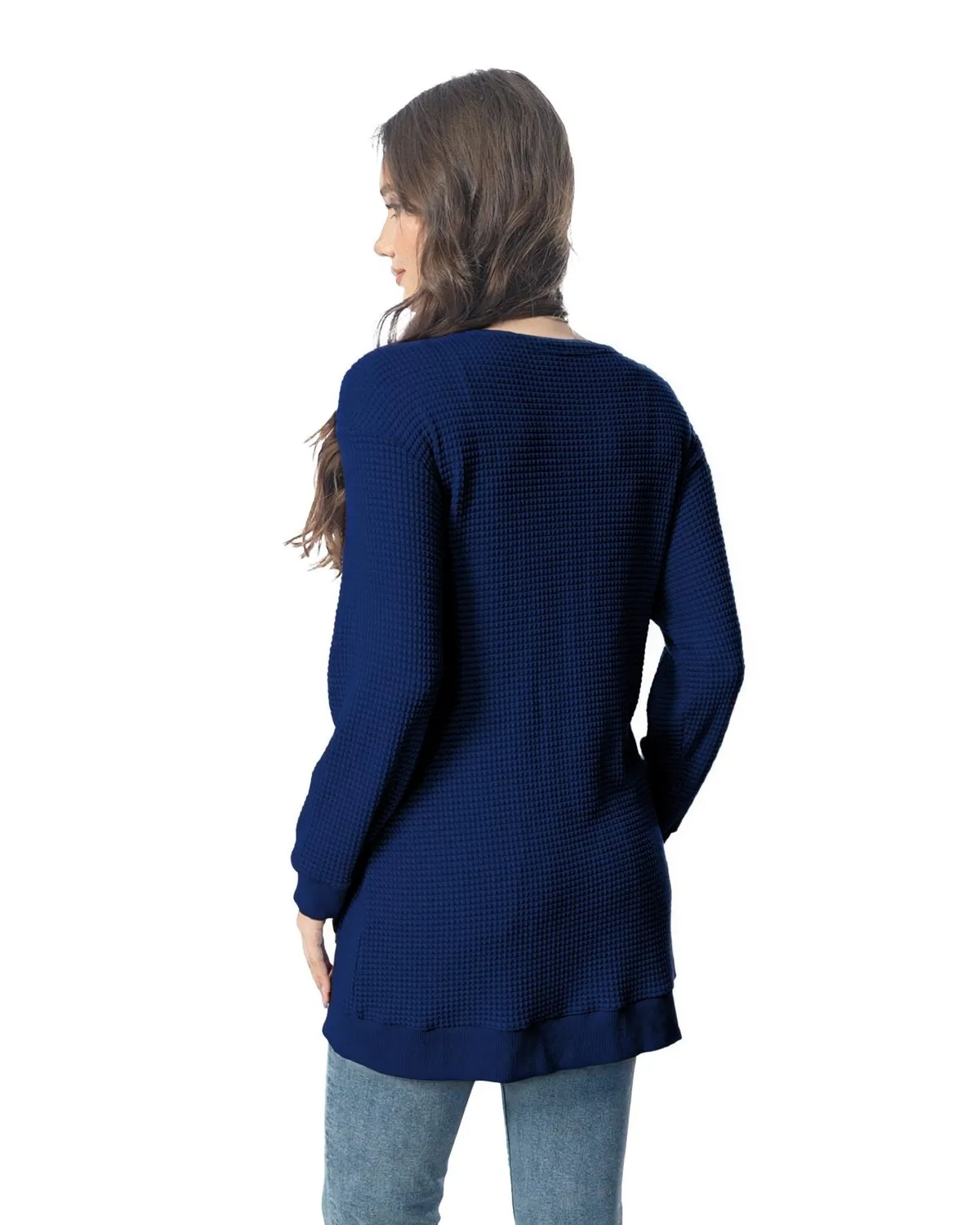 Waffle Knit Longline Cardigan — Navy — view 4