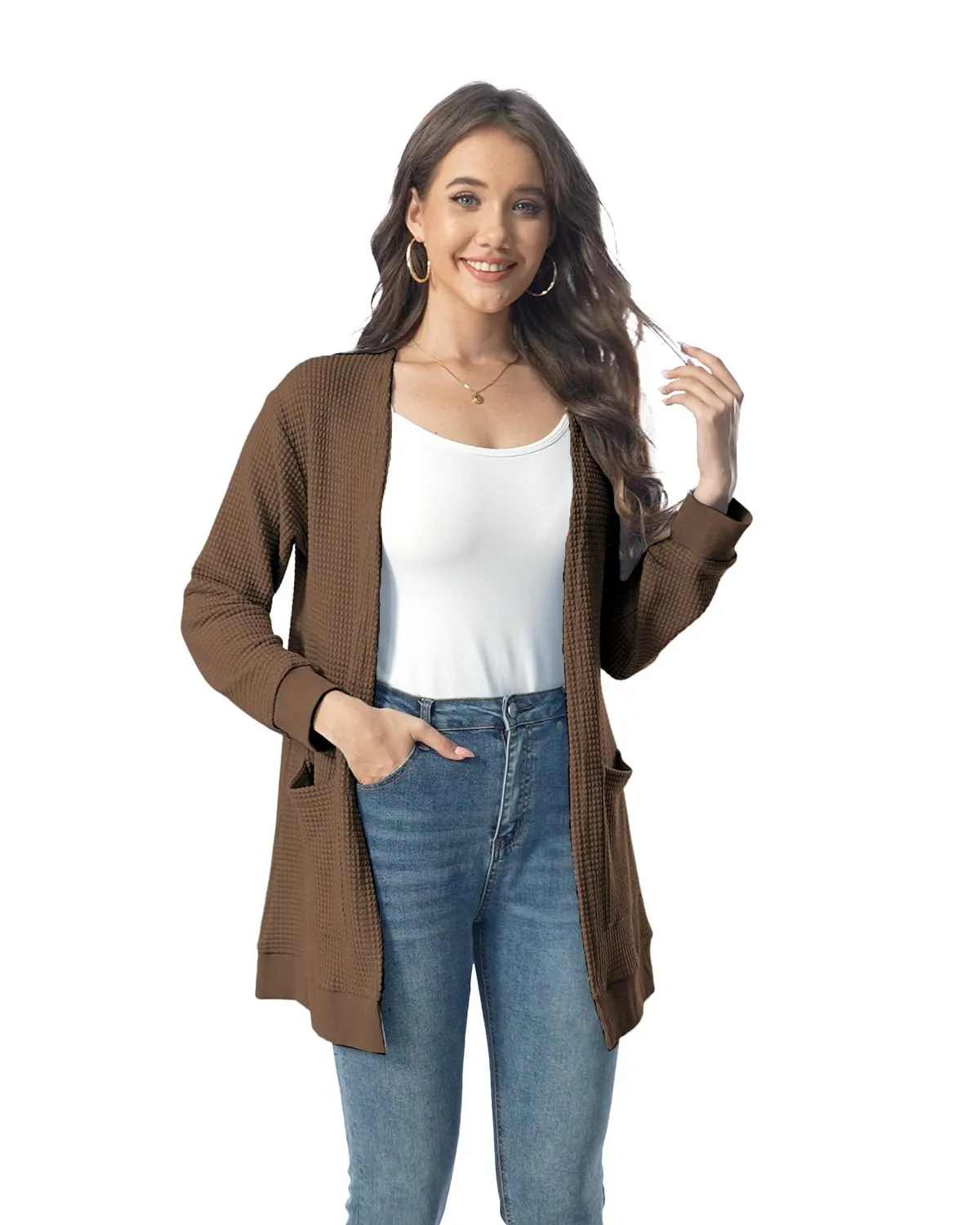 Waffle Knit Longline Cardigan — Walnut — view 2