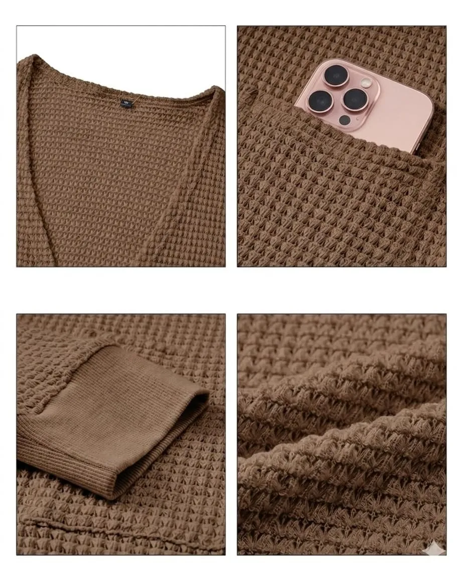 Waffle Knit Longline Cardigan — Walnut — view 4