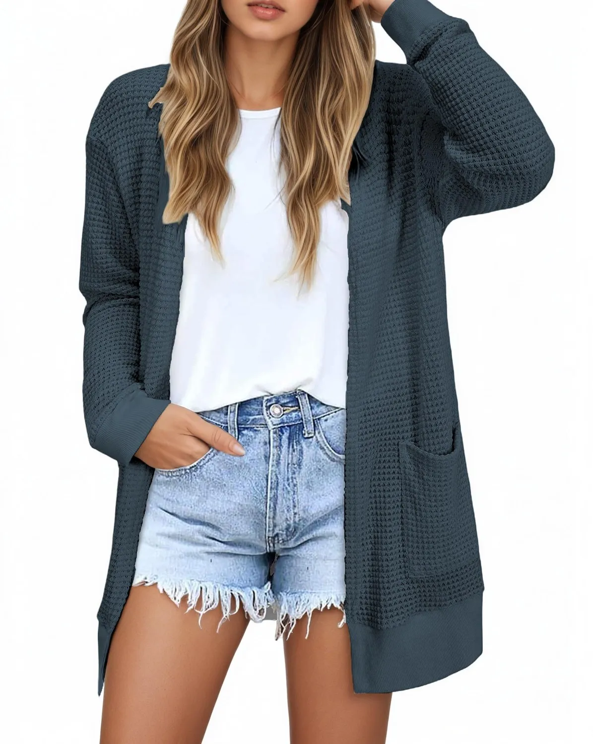 Waffle Knit Longline Cardigan — Charcoal Grey