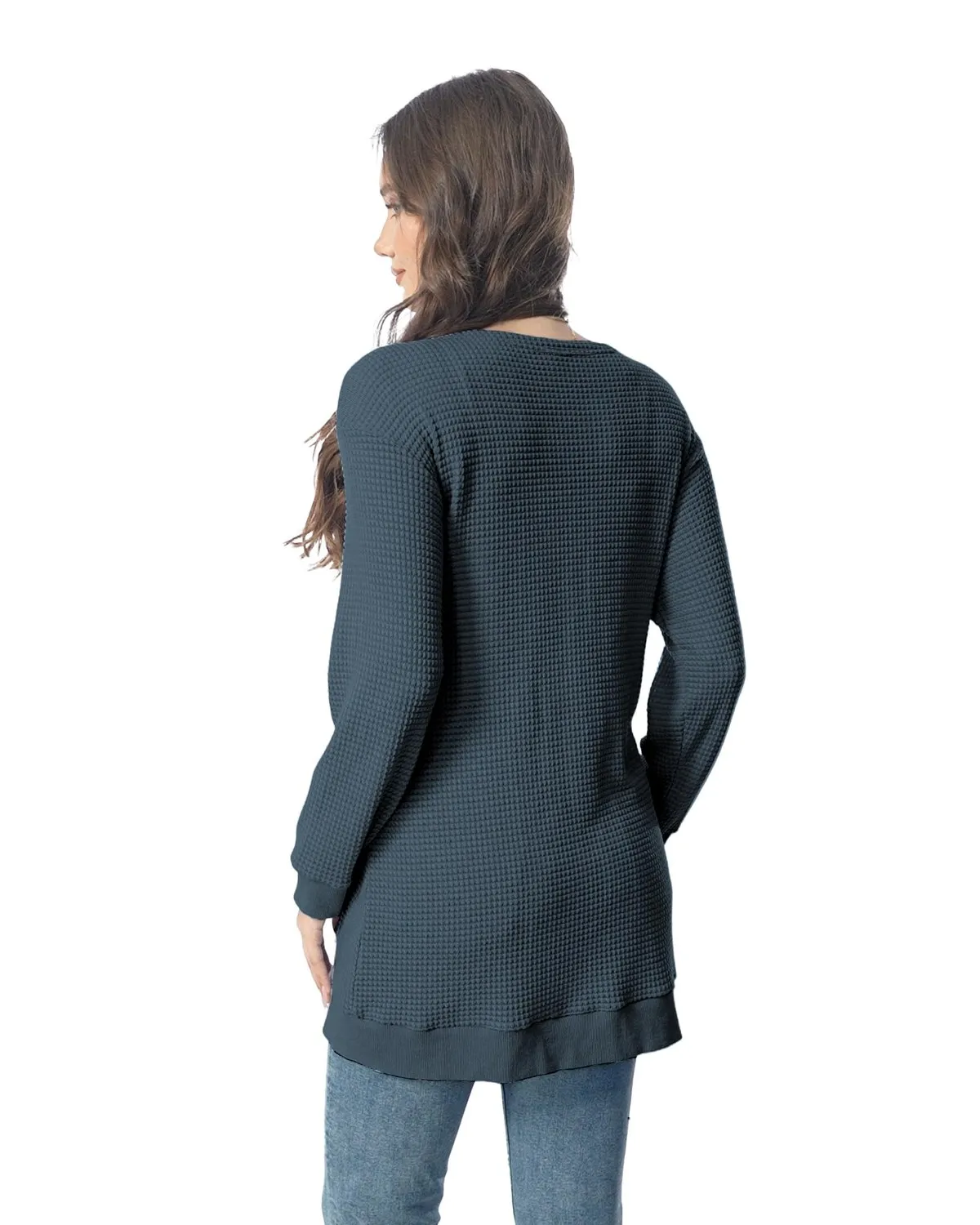 Waffle Knit Longline Cardigan — Charcoal Grey — view 3
