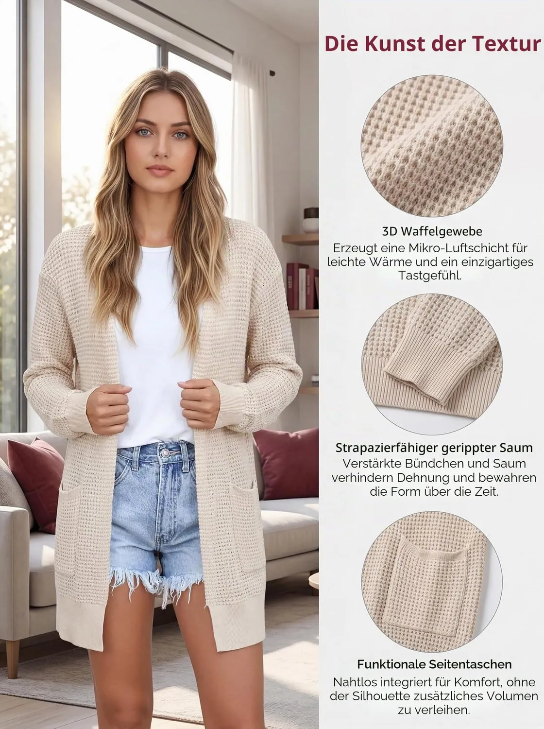 Waffle Knit Longline Cardigan — Charcoal Grey — view 4