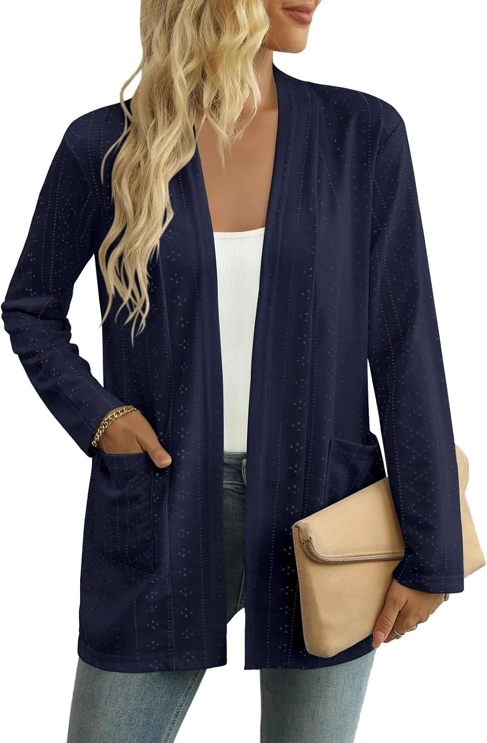 Pointelle Open-Front Cardigan — Navy