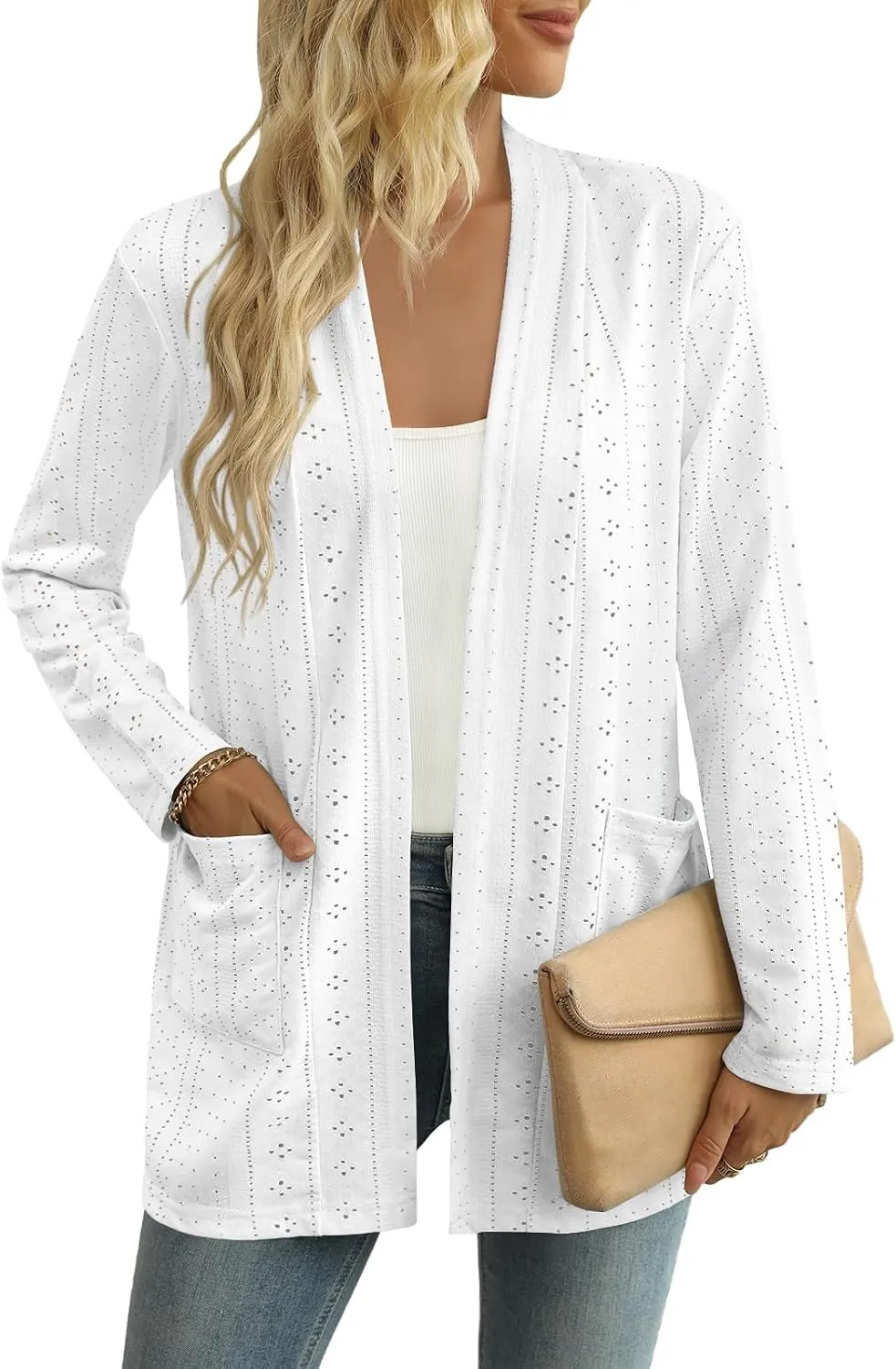 Pointelle Open-Front Cardigan — White