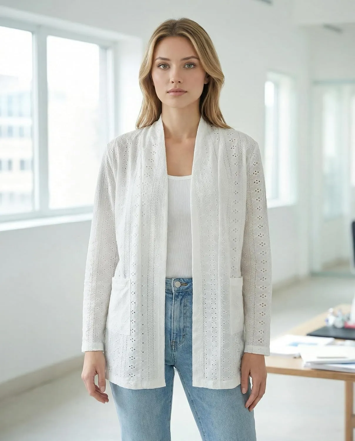 Pointelle Open-Front Cardigan — White — view 2