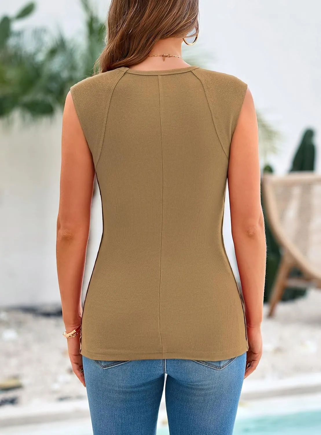 Sleeveless Elegant Tank — Khaki — view 4