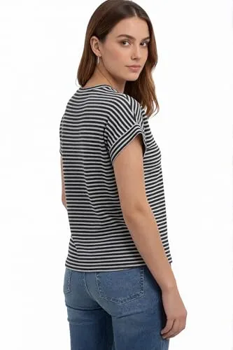 Waffle Knit Crew Neck Tee — Black/White Stripe — view 5