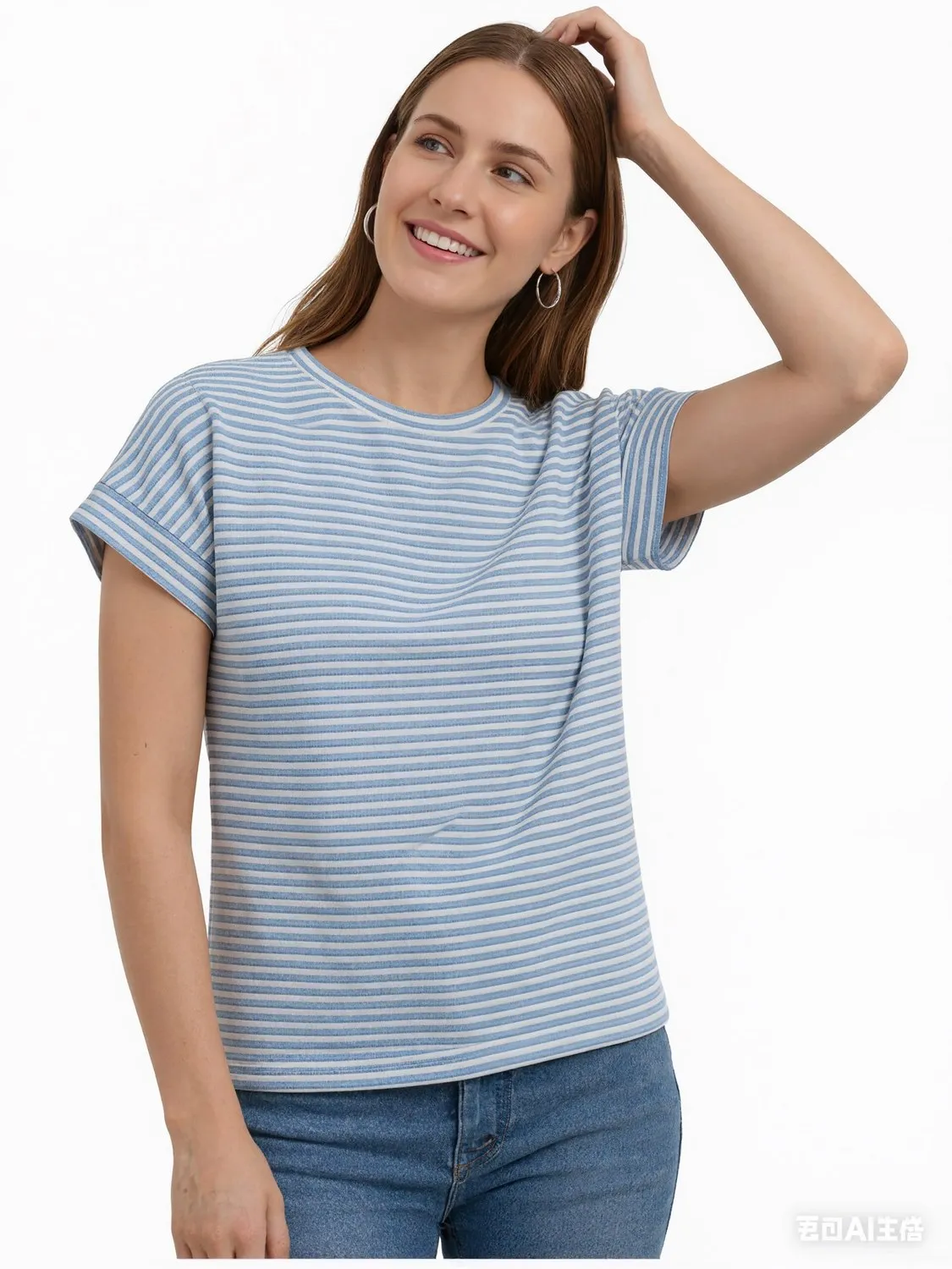 Waffle Knit Striped Cap Sleeve Tee — Blue / White — view 2