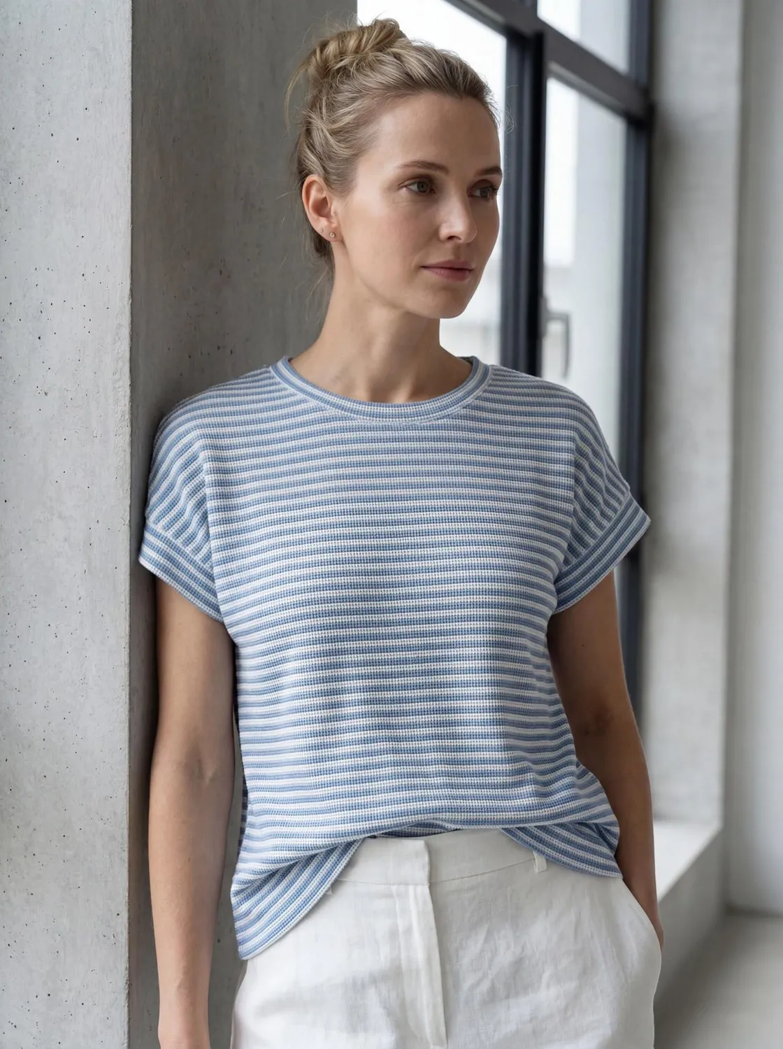 Waffle Knit Striped Cap Sleeve Tee — Blue / White — view 3