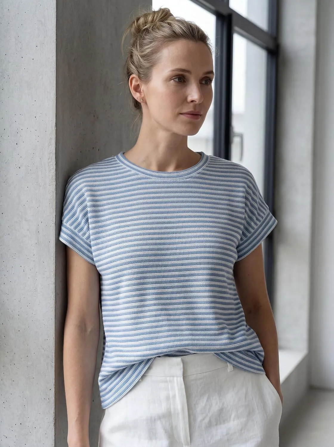 Waffle Knit Crew Neck Tee — Blue-white — view 3