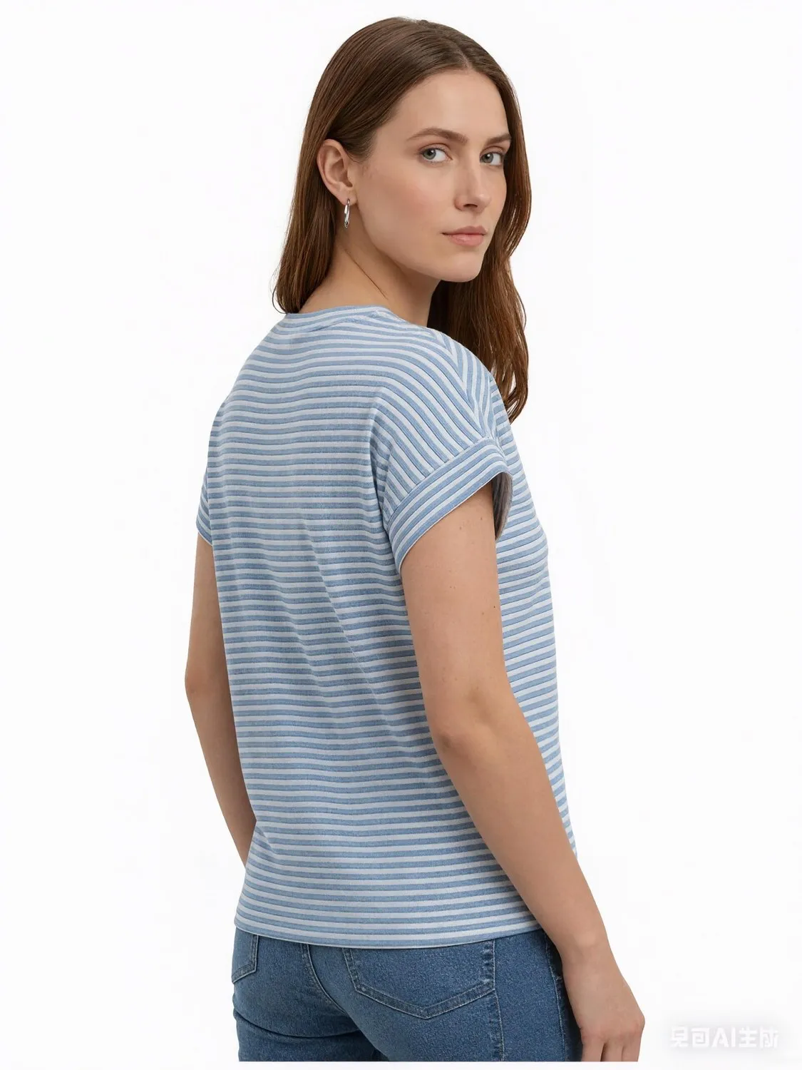 Waffle Knit Striped Cap Sleeve Tee — Blue / White — view 4