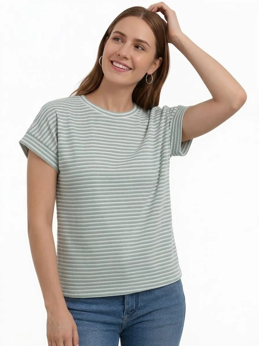 Waffle Knit Striped Cap Sleeve Tee — Green / White — view 2