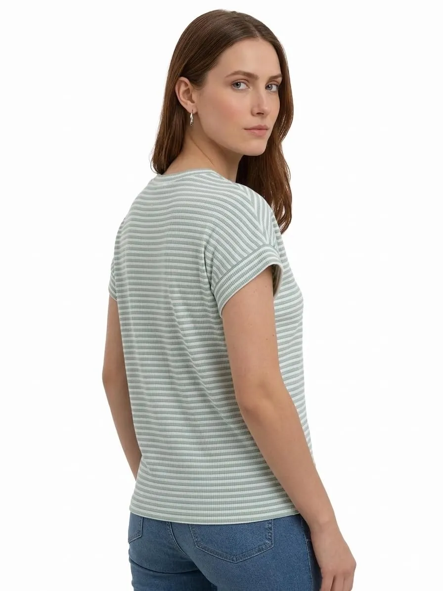 Waffle Knit Striped Cap Sleeve Tee — Green / White — view 3
